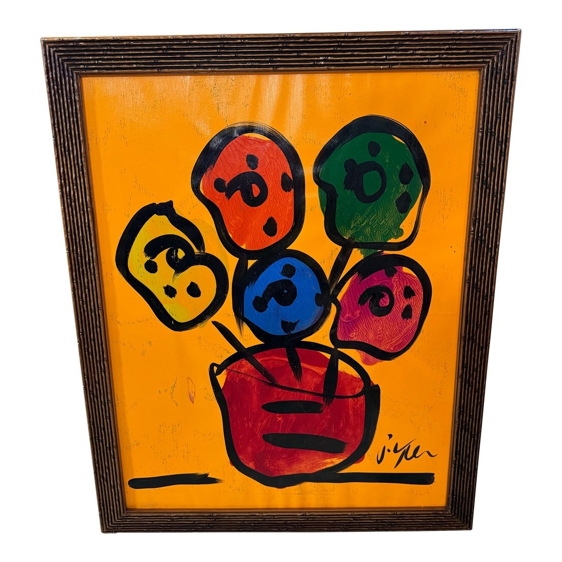 PeterKeil Signed Original Unique Flowers Neon Orange Paper Framed Rare 24x32: PeterKeil Signed Original Unique Flowers Neon Orange Paper Framed Rare 24x32 This item is an original oil painting on board by German Neo-Expressionist artist Peter Robert Keil (b. 1942), depicting
