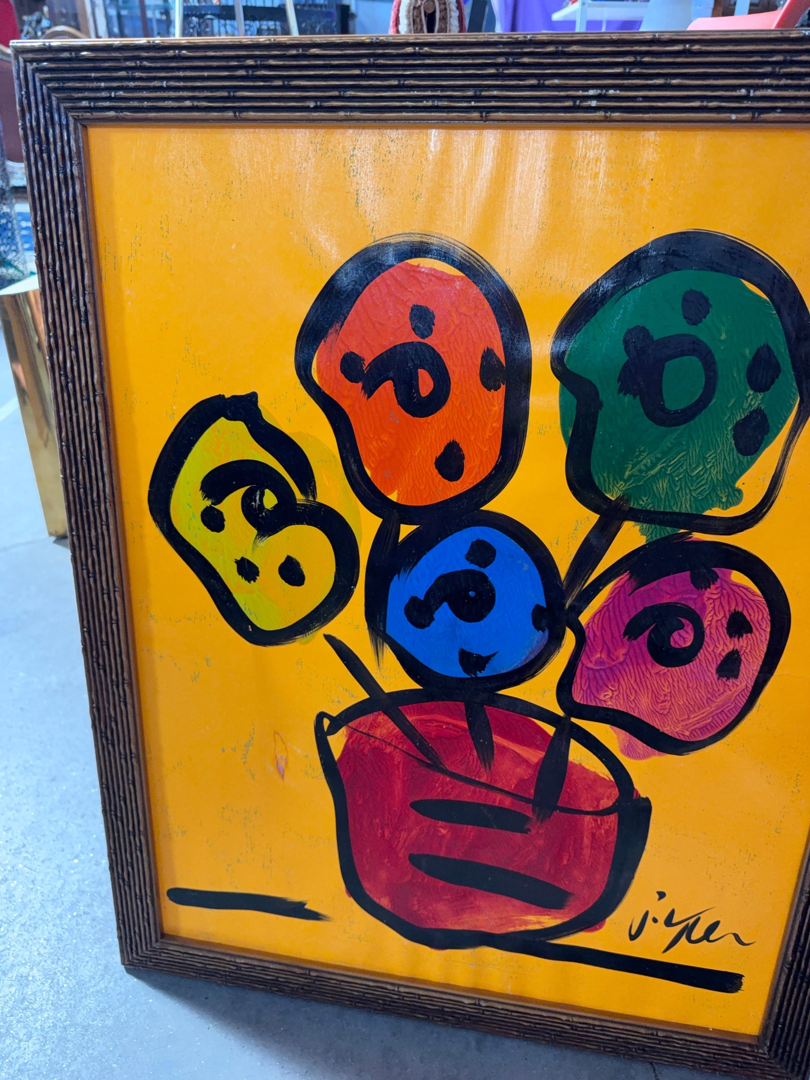 PeterKeil Signed Original Unique Flowers Neon Orange Paper Framed Rare 24x32 - 5
