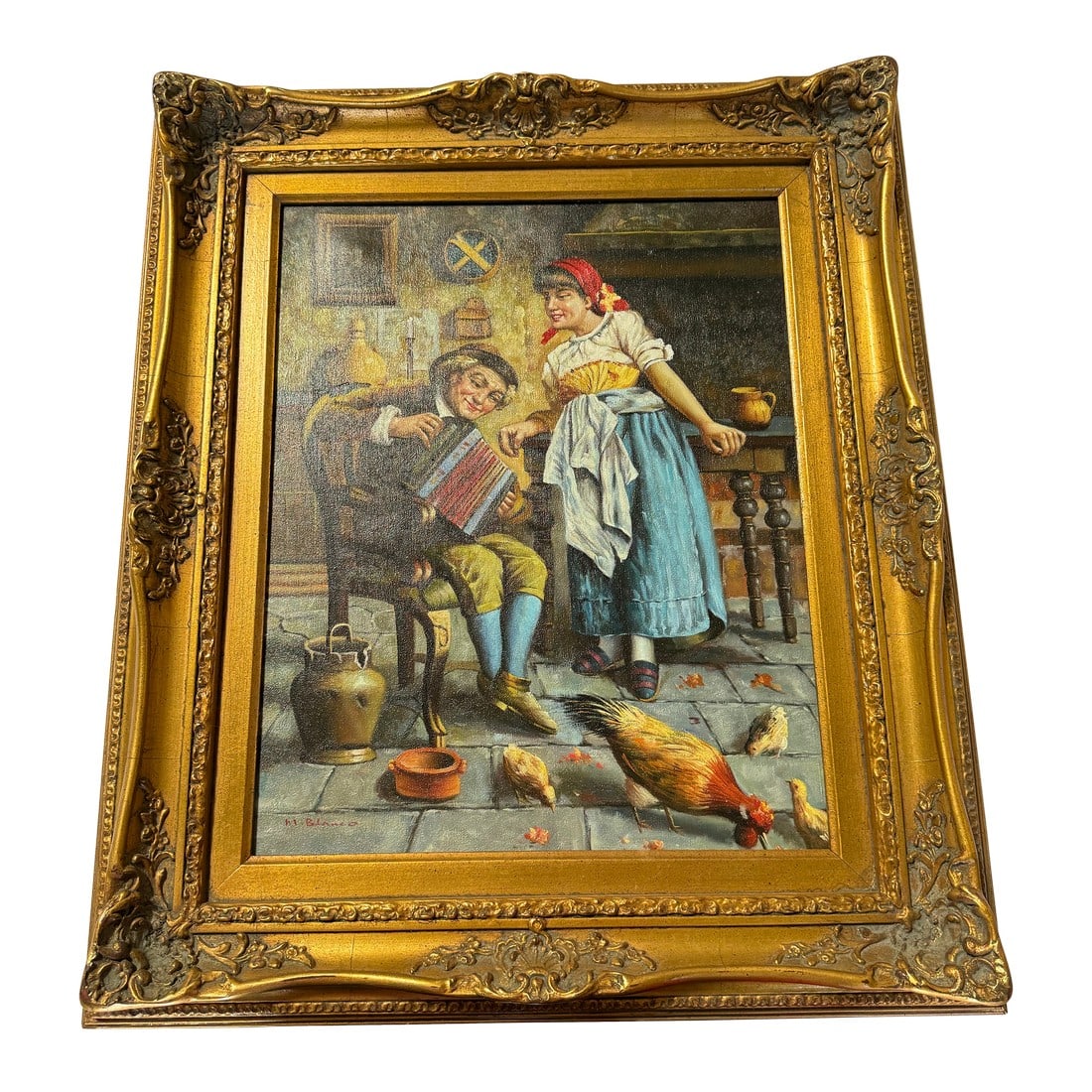 1930s Victorian Oil Painting Signed After Eugenio Zampighi by M.Blanco 22x26: Antique Victorian Oil Painting Signed After Eugenio Zampighi By M.Blanco 22x26 Untitled : The Concertina Excellent condition The product is an antique Victorian oil painting signed by M. Blanco after