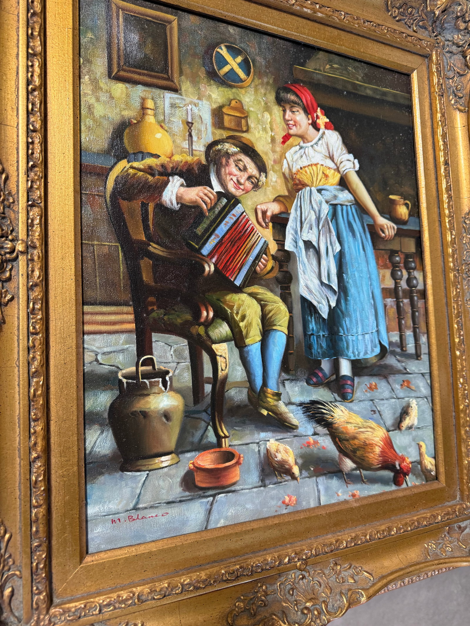 1930s Victorian Oil Painting Signed After Eugenio Zampighi by M.Blanco 22x26 - 3