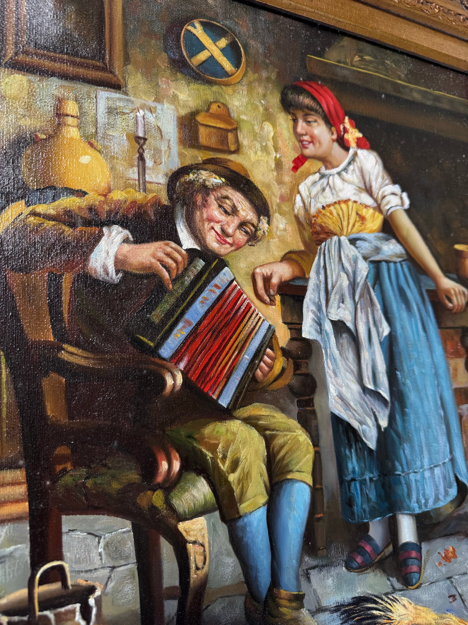 1930s Victorian Oil Painting Signed After Eugenio Zampighi by M.Blanco 22x26 - 5