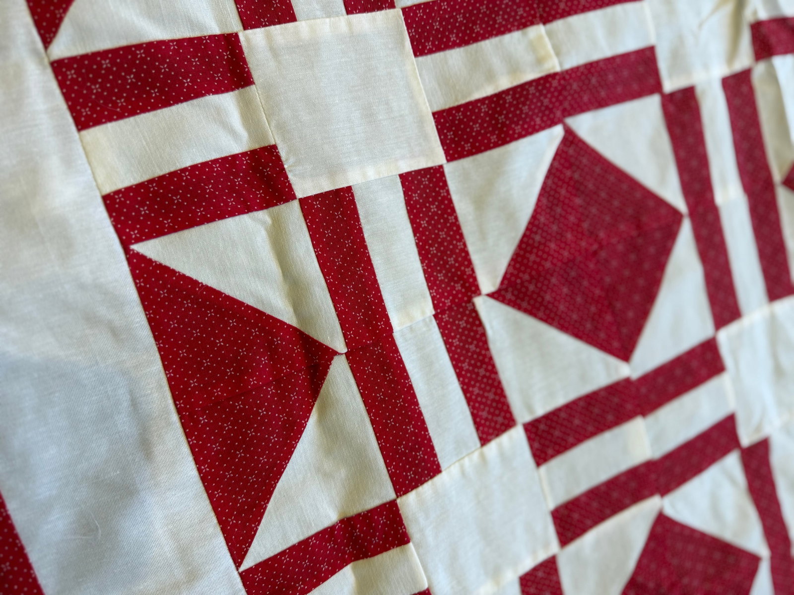 Vintage Red White Quilt Top Only Diamond Pattern 68x93 - 2