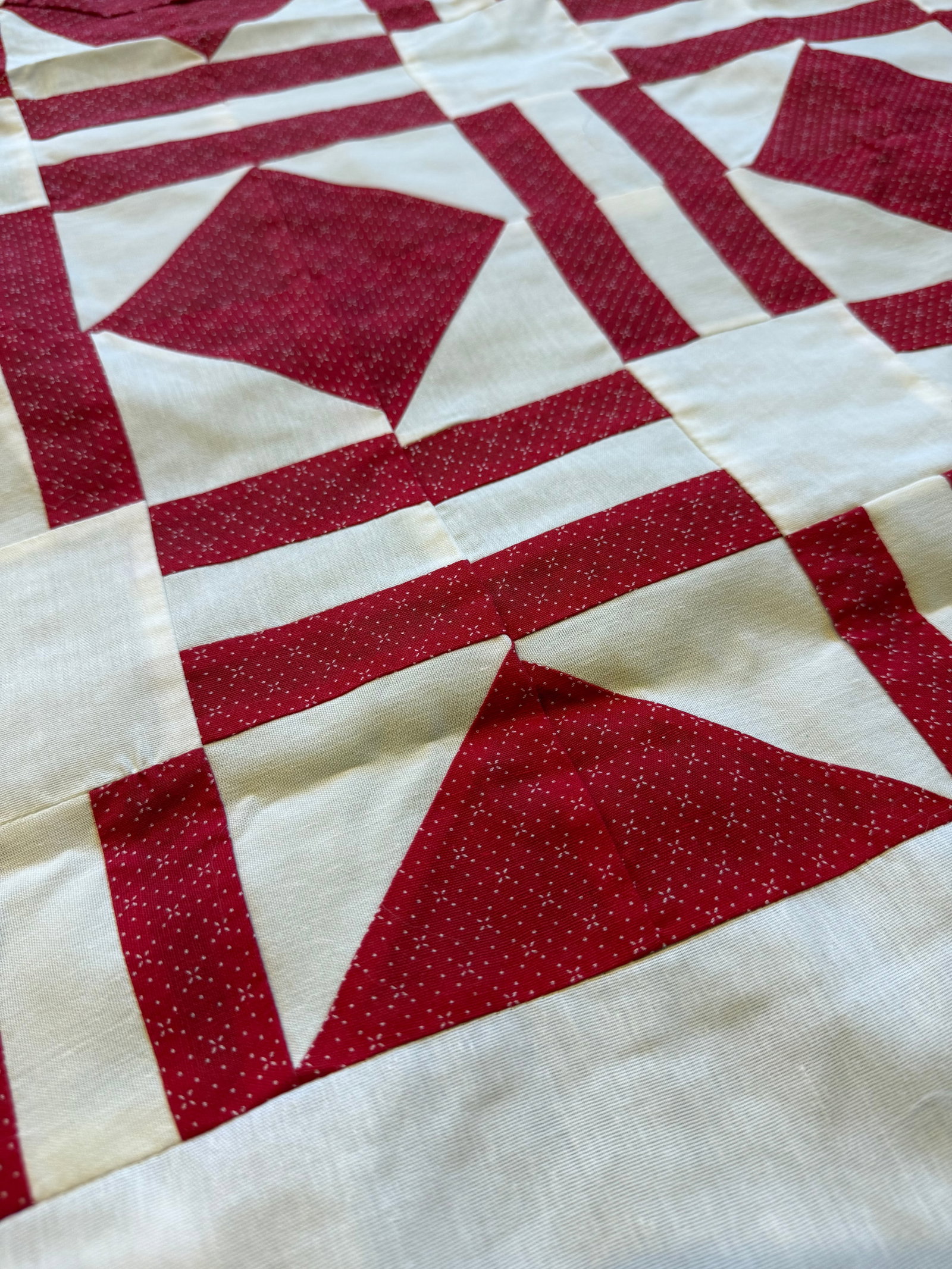 Vintage Red White Quilt Top Only Diamond Pattern 68x93 - 3