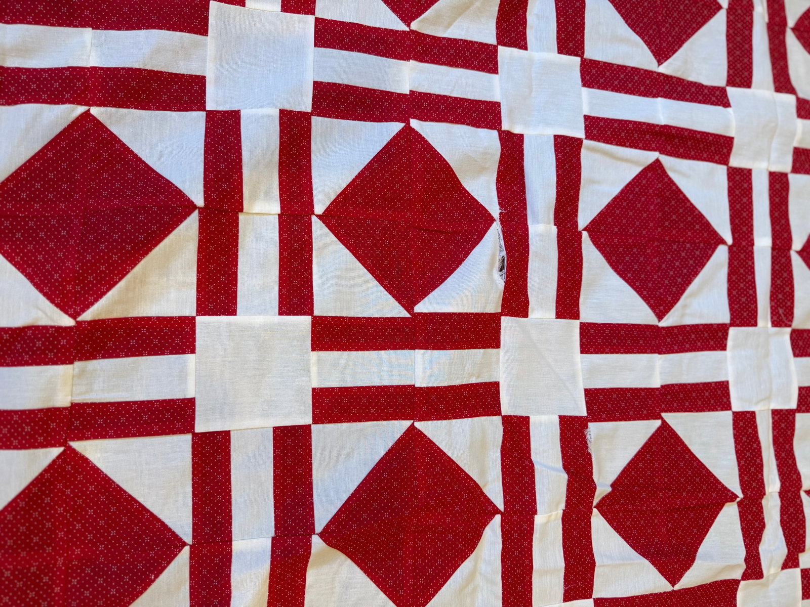 Vintage Red White Quilt Top Only Diamond Pattern 68x93 - 4