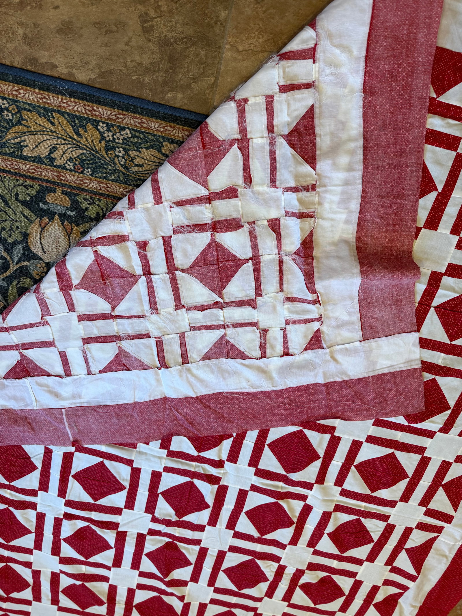 Vintage Red White Quilt Top Only Diamond Pattern 68x93 - 6