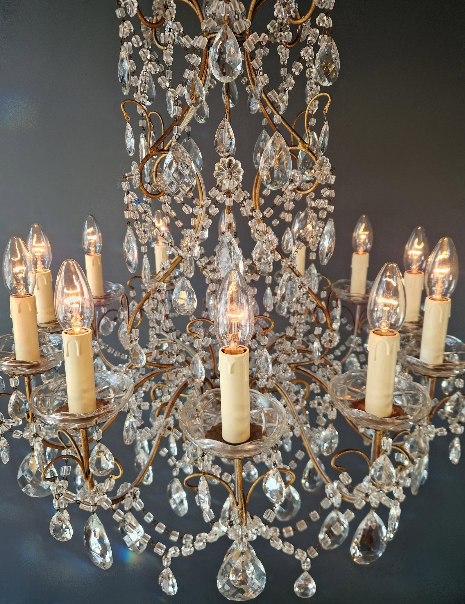 Antique French Italian Crystal Chandeliers Brass Rococo Style Restored - a Pair - 10