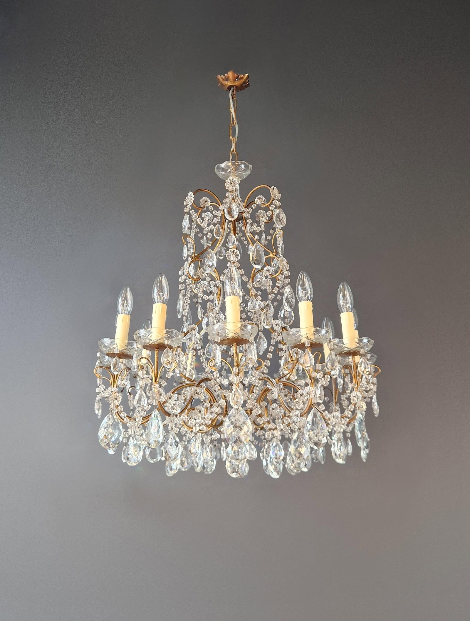 Antique French Italian Crystal Chandeliers Brass Rococo Style Restored - a Pair - 11