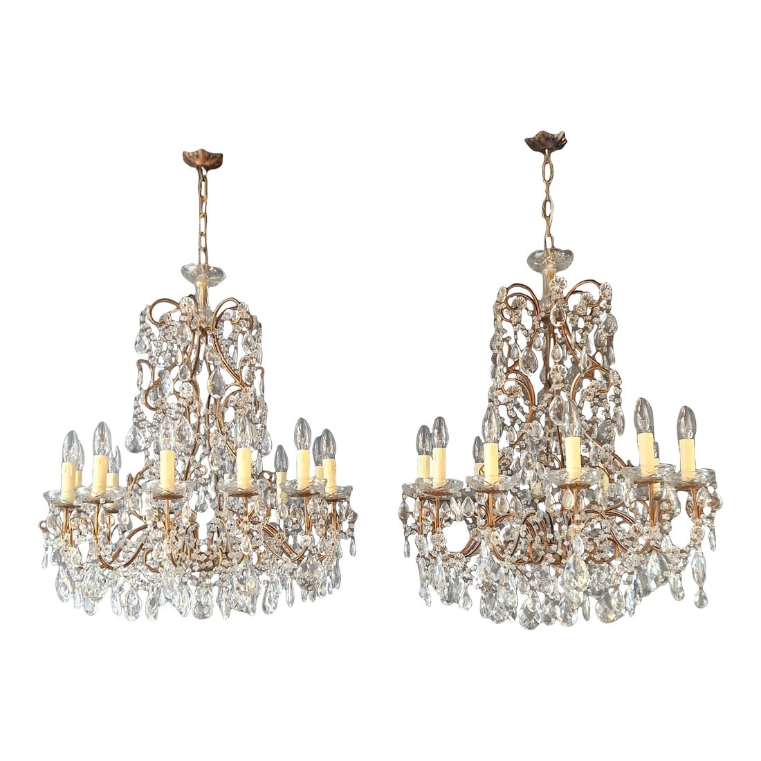 Antique French Italian Crystal Chandeliers Brass Rococo Style Restored - a Pair: An exceptional pair of crystal chandeliers, distinguished by their balanced proportions and refined craftsmanship. Both chandeliers have been fully restored in our Berlin workshop with great care and