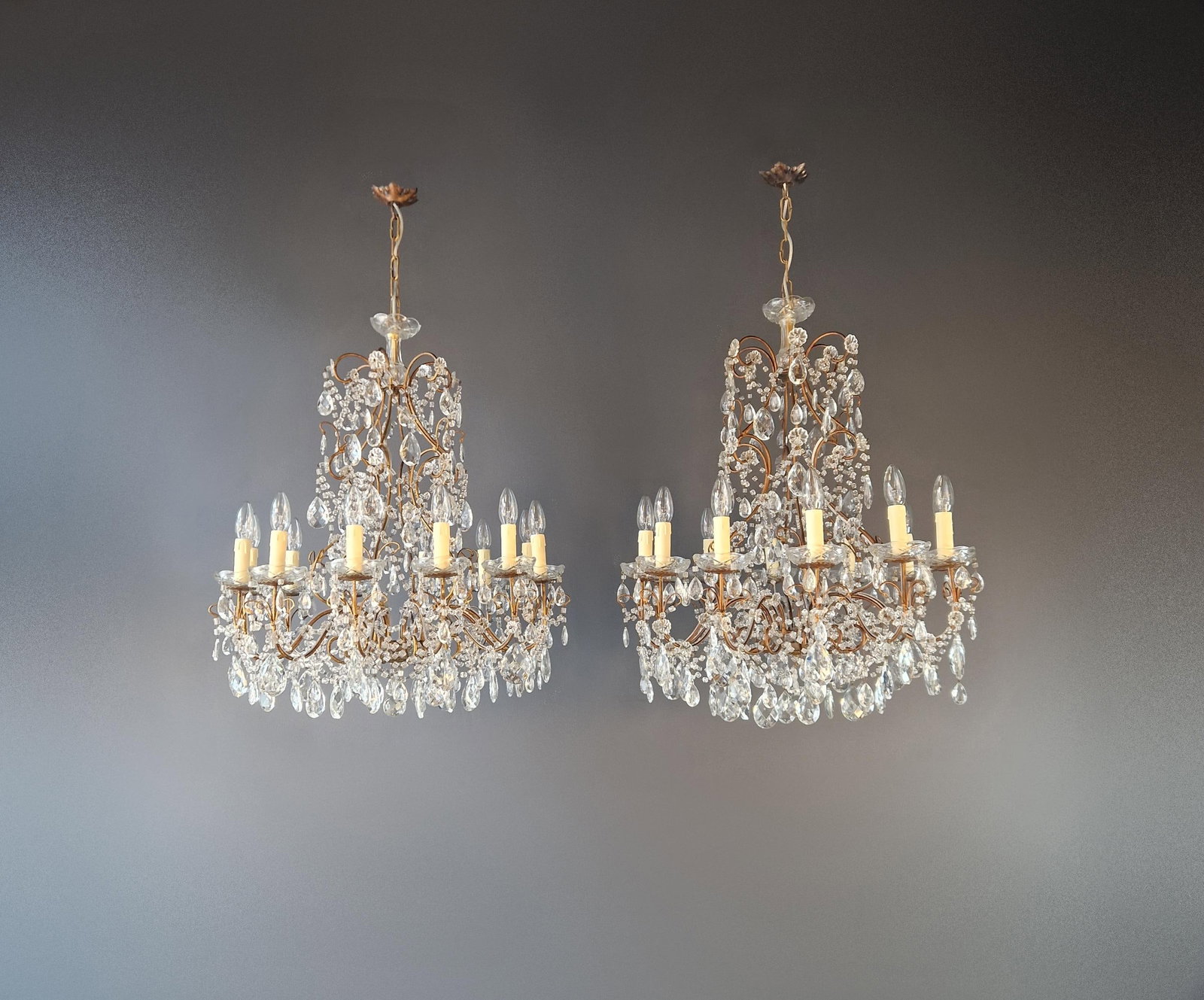 Antique French Italian Crystal Chandeliers Brass Rococo Style Restored - a Pair - 2