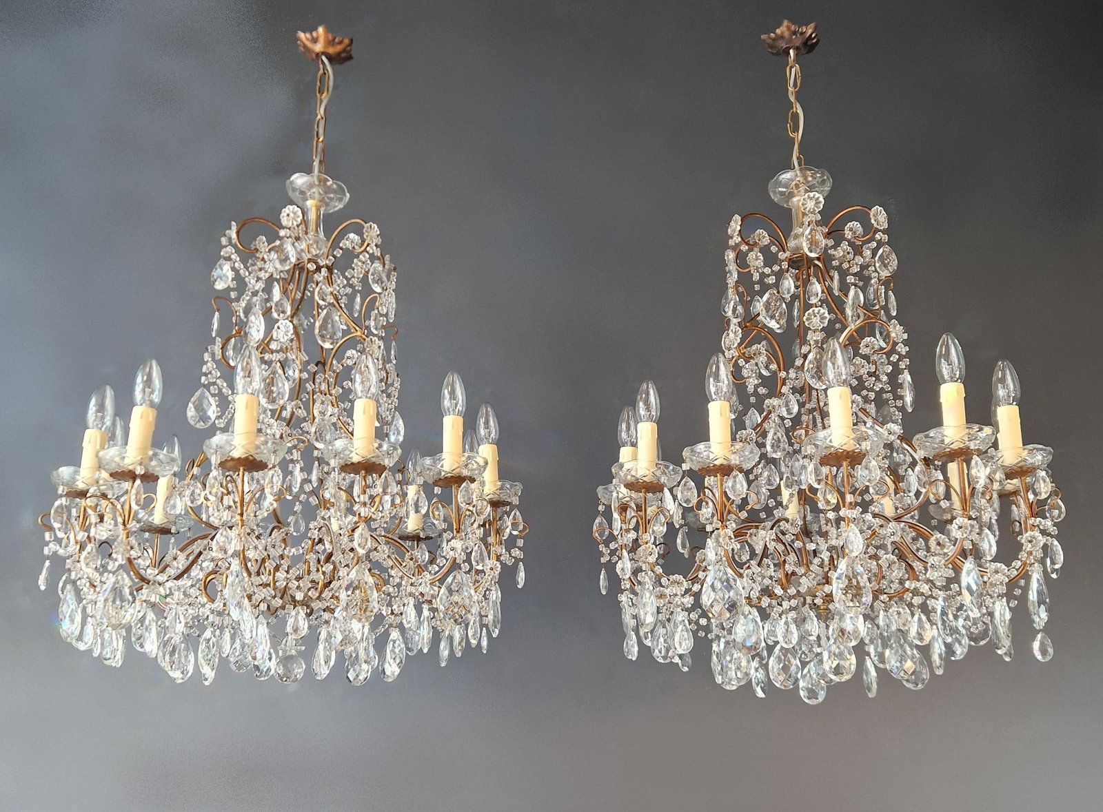Antique French Italian Crystal Chandeliers Brass Rococo Style Restored - a Pair - 3