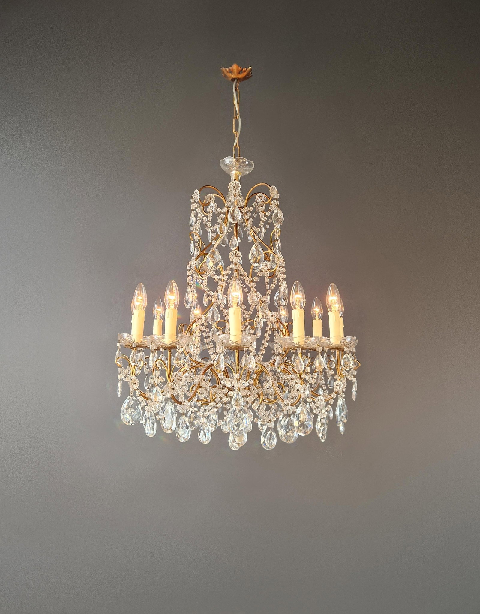 Antique French Italian Crystal Chandeliers Brass Rococo Style Restored - a Pair - 4
