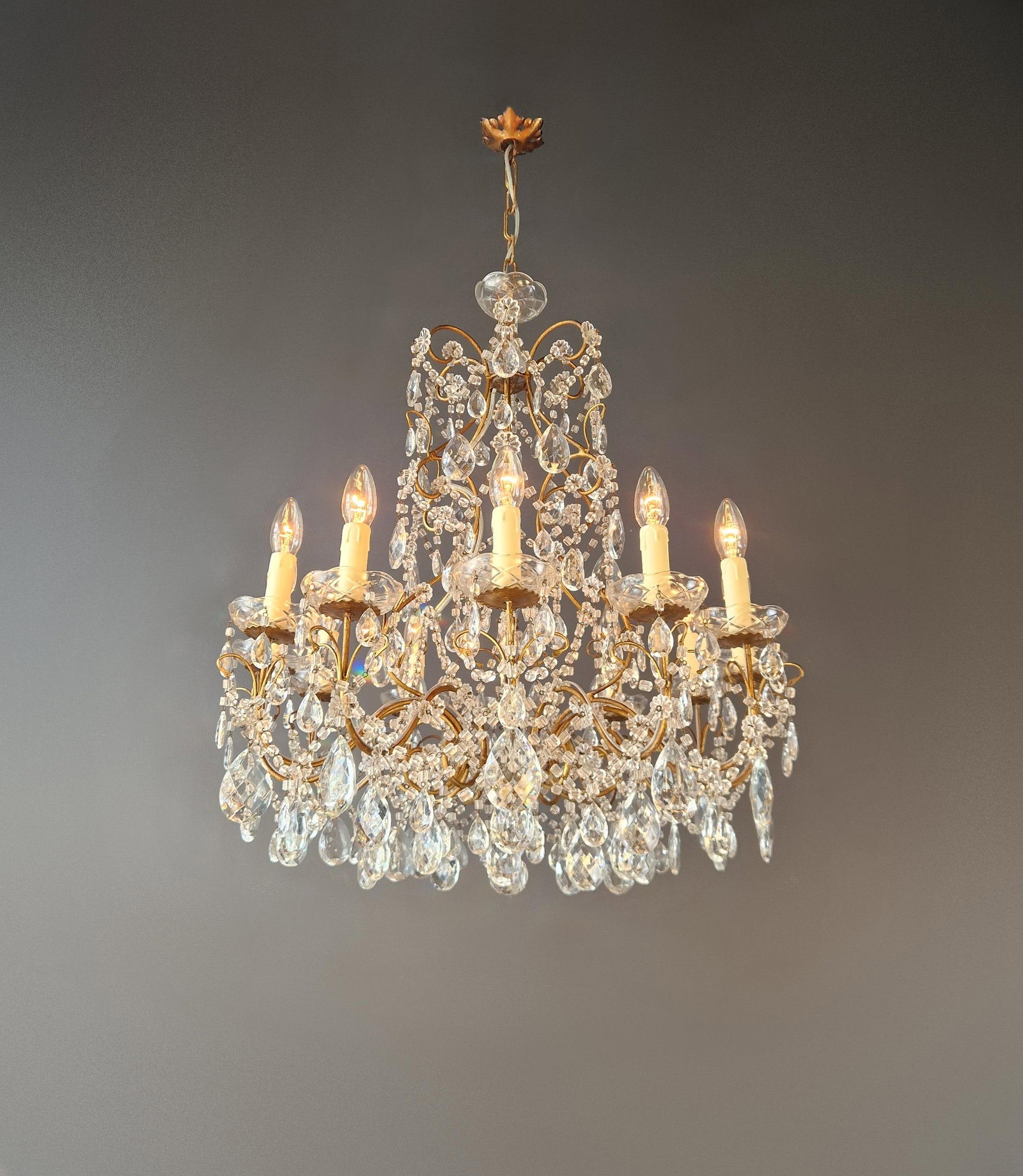 Antique French Italian Crystal Chandeliers Brass Rococo Style Restored - a Pair - 5