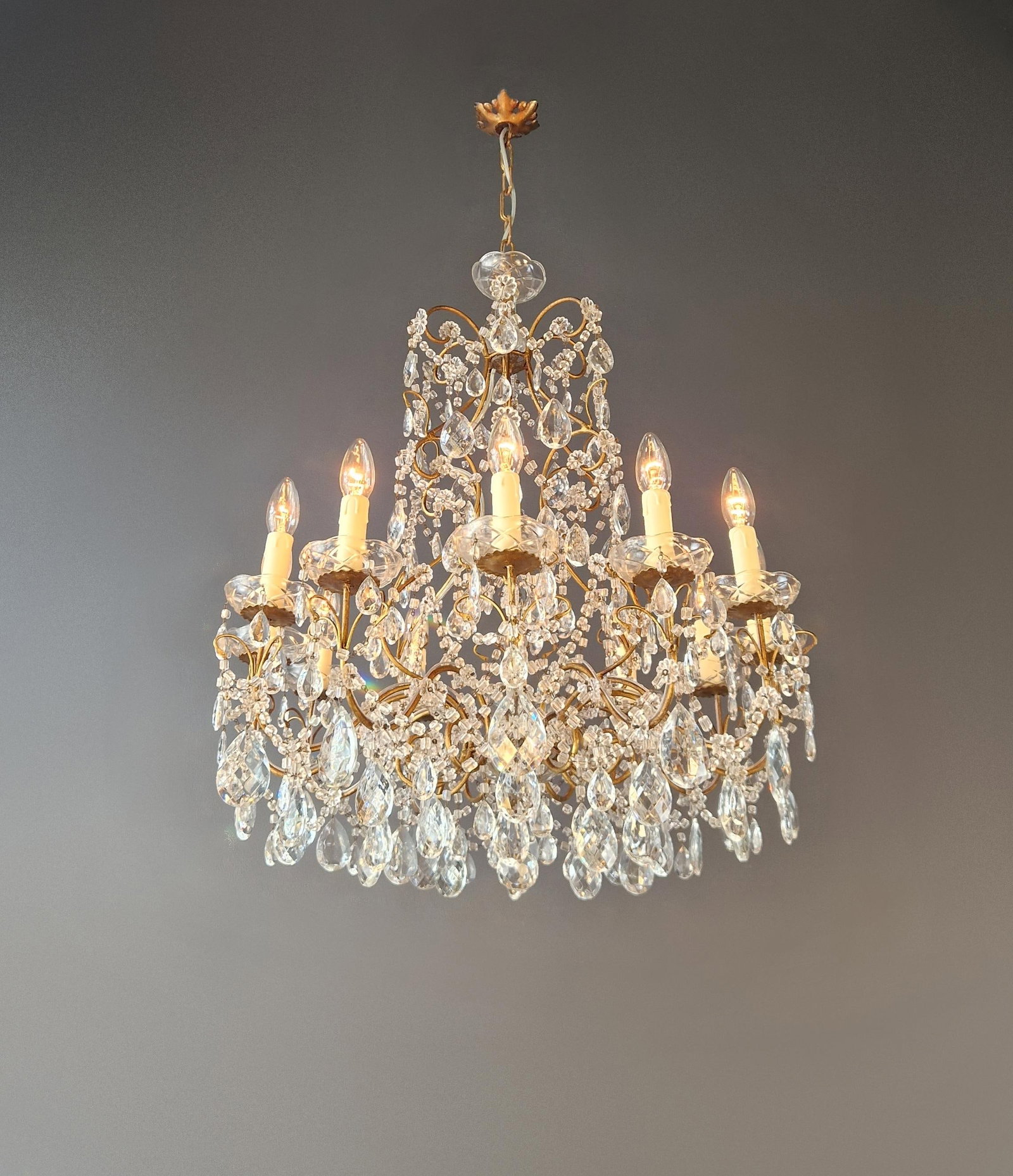 Antique French Italian Crystal Chandeliers Brass Rococo Style Restored - a Pair - 6