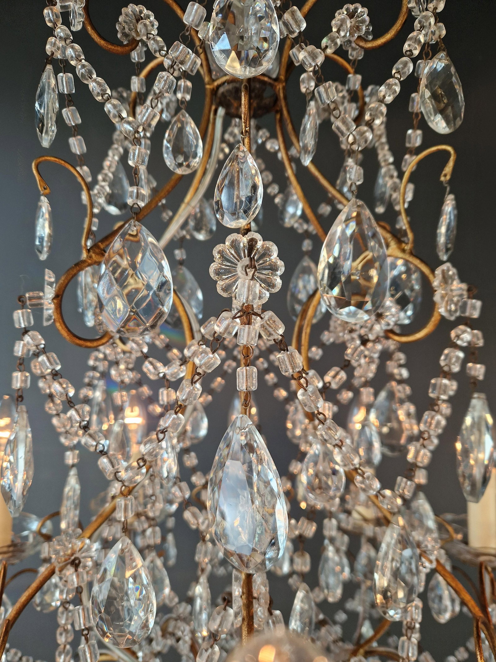 Antique French Italian Crystal Chandeliers Brass Rococo Style Restored - a Pair - 7