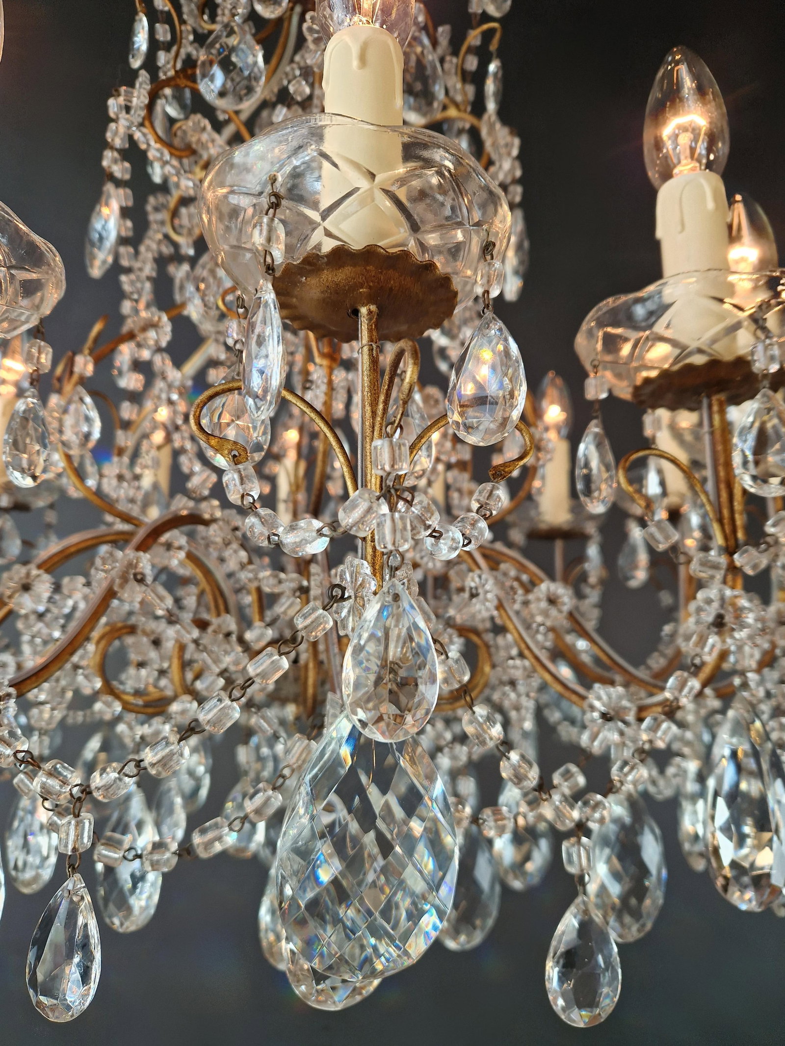 Antique French Italian Crystal Chandeliers Brass Rococo Style Restored - a Pair - 8