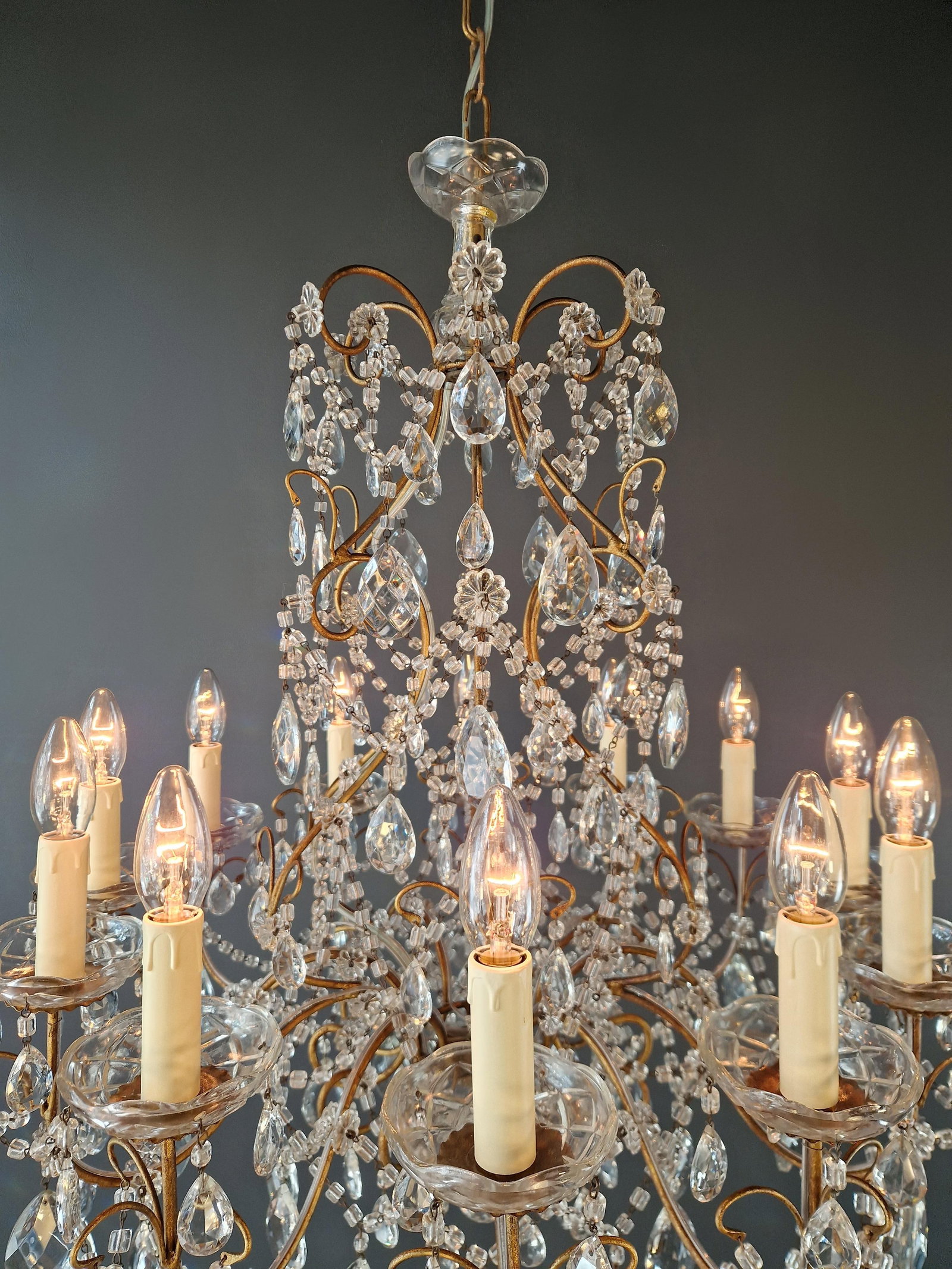 Antique French Italian Crystal Chandeliers Brass Rococo Style Restored - a Pair - 9