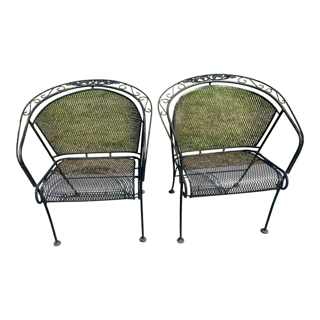 Mid 20th Century Russell Woodard Grapevine Barrel Back Wrought Iron Grape Pair of Chairs: This grapevine is a harder to find Woodard pattern and these chairs have the quality and comfort we expect from them with a diamond mesh barrel back and seat. This pair is in good vintage condition wi