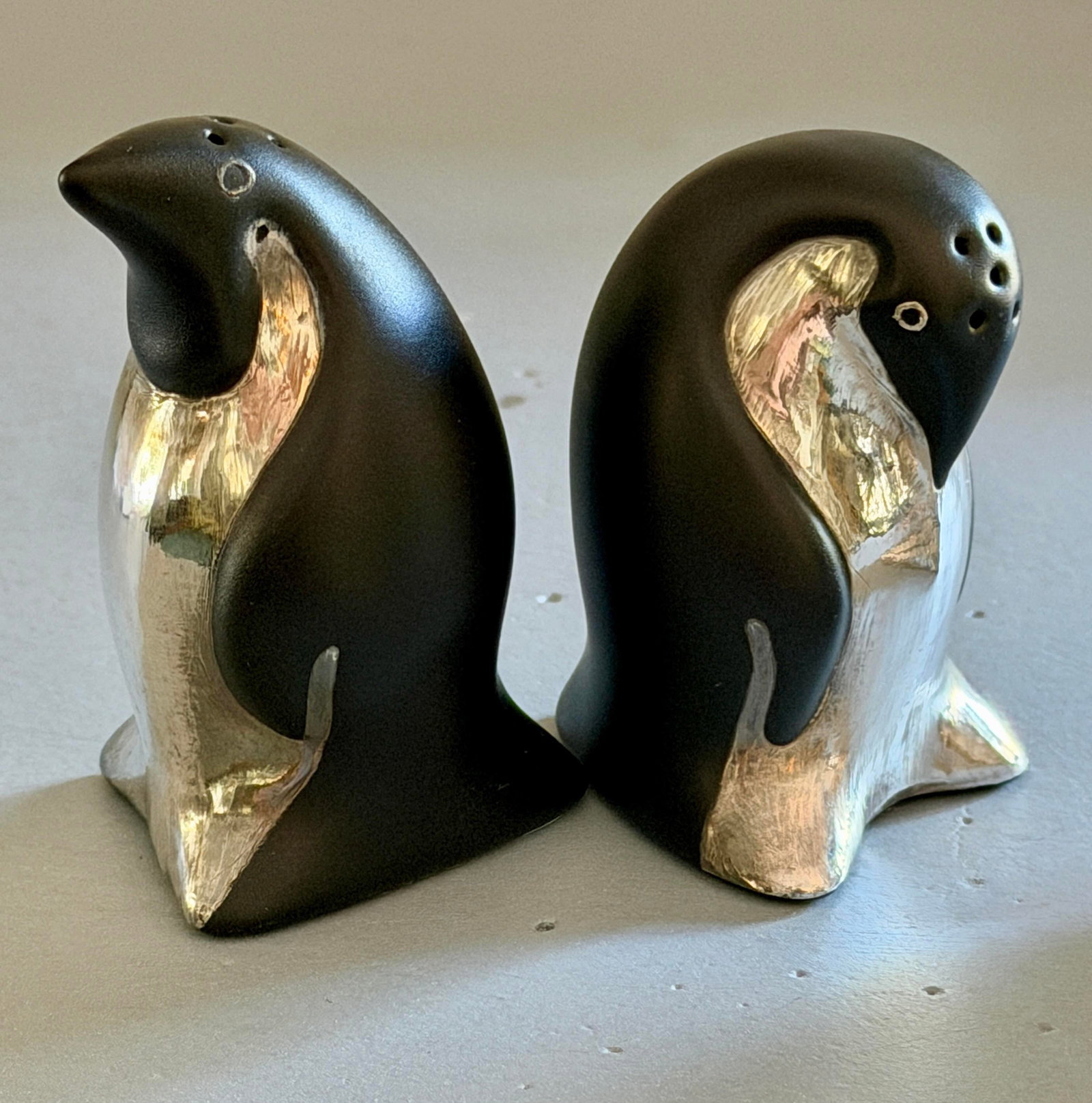 1980s Emilia Castillo Taxco Sterling and Porcelain Penguin Salt & Pepper Shakers - a Pair - 6