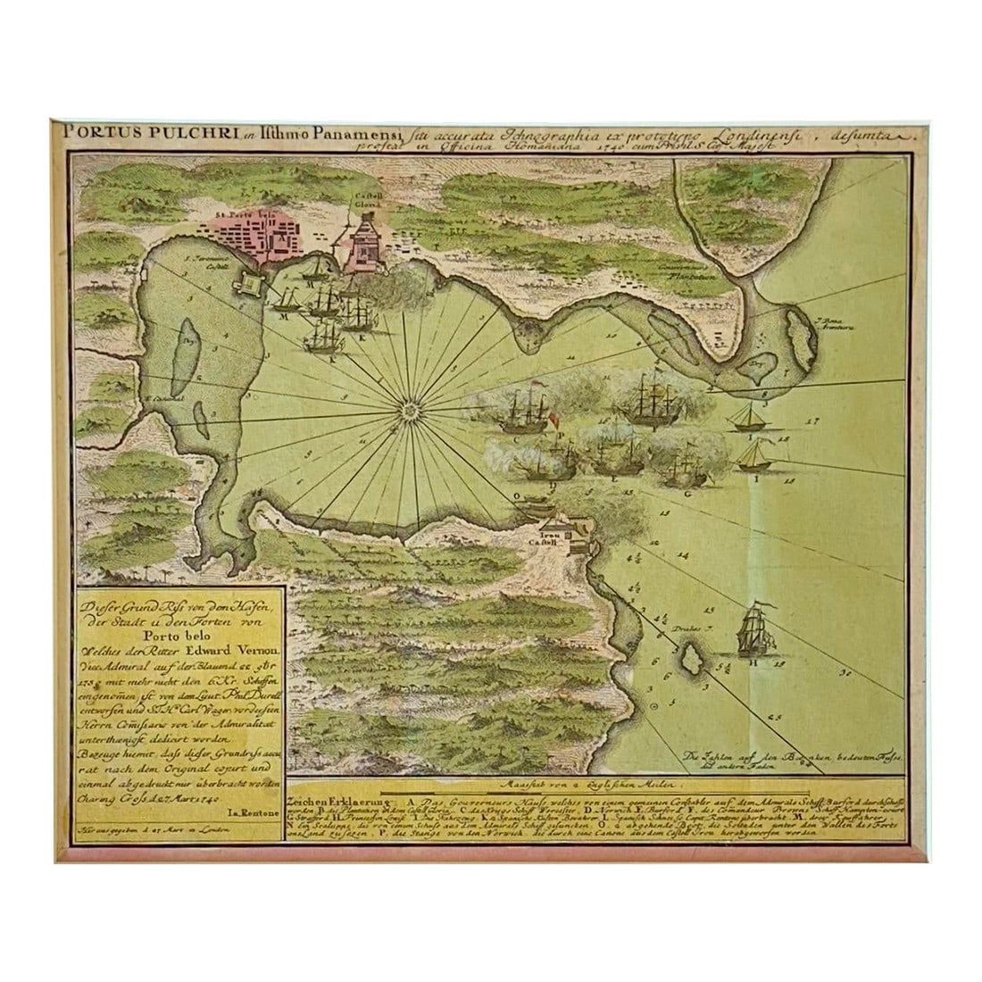 1740 Porto Bello, Panama by Johann Baptist Homann Hand-Colored Engraved Harbor Map: Original copperplate engraved by the celebrated Nuremberg cartographic publisher Johann Baptist Homann and issued by the Homann Heirs circa 1740 (plate dated 1739). Finely detailed and visually