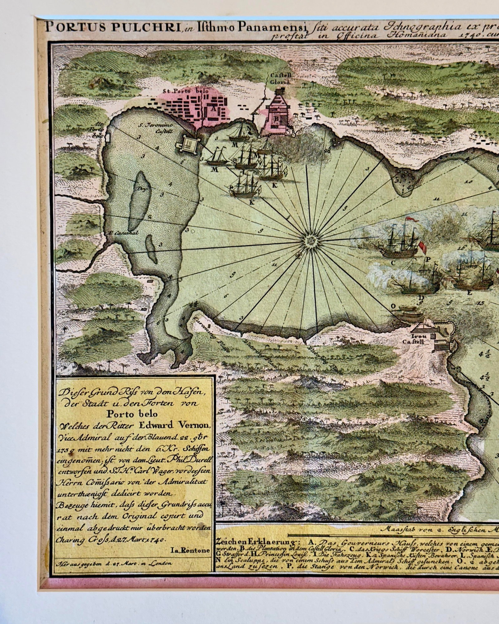 1740 Porto Bello, Panama by Johann Baptist Homann Hand-Colored Engraved Harbor Map - 2