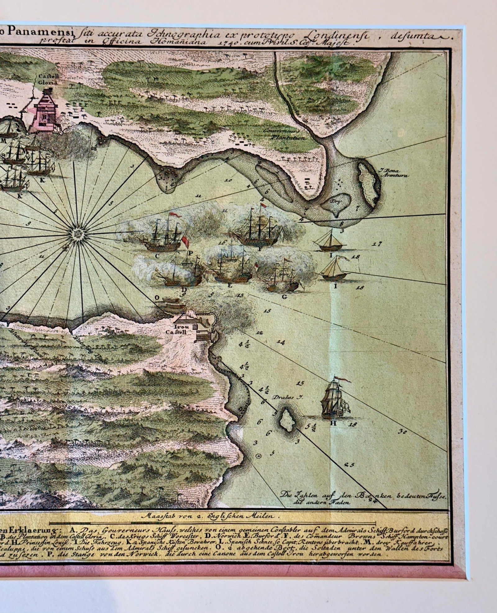 1740 Porto Bello, Panama by Johann Baptist Homann Hand-Colored Engraved Harbor Map - 3