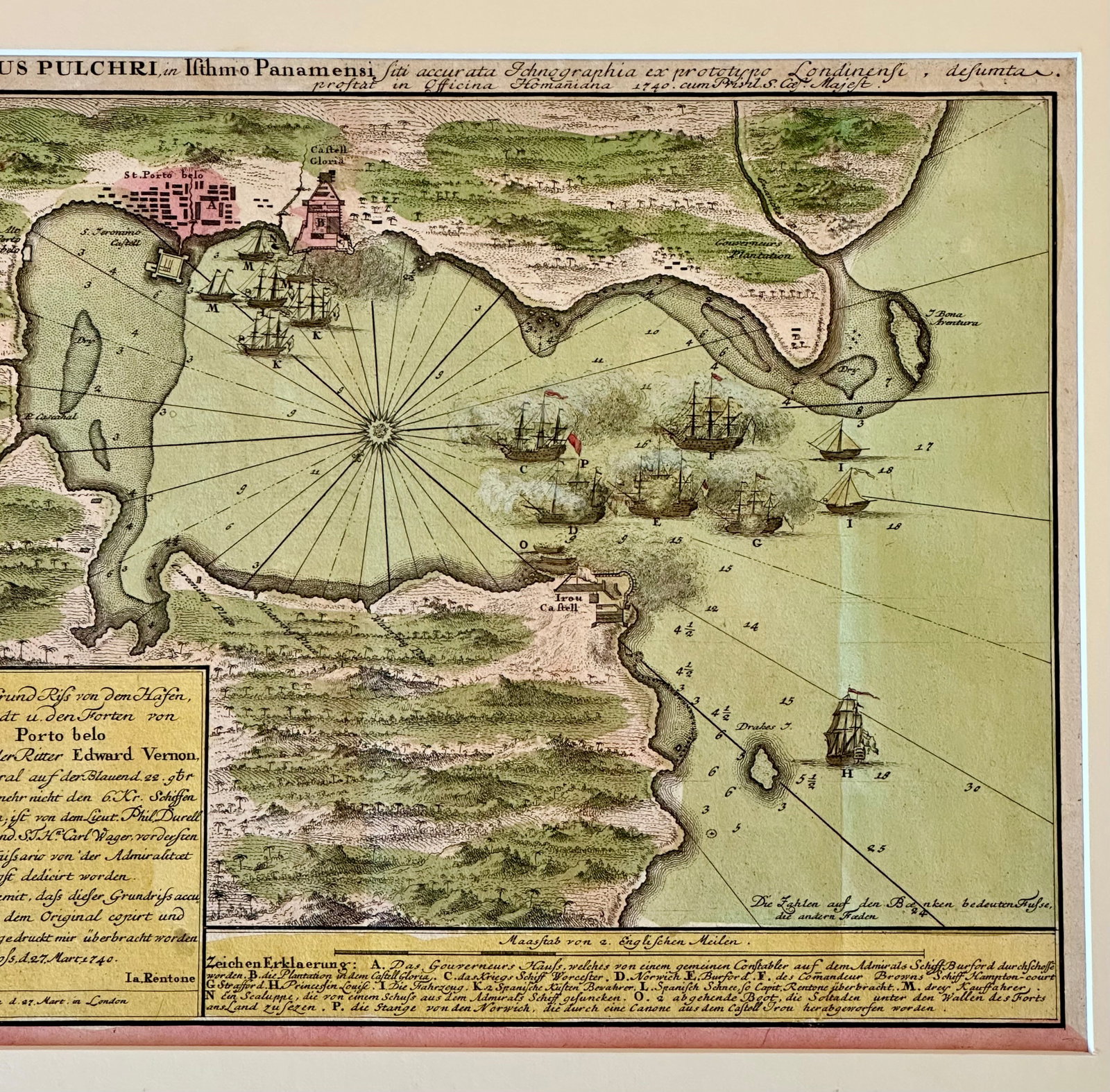 1740 Porto Bello, Panama by Johann Baptist Homann Hand-Colored Engraved Harbor Map - 4