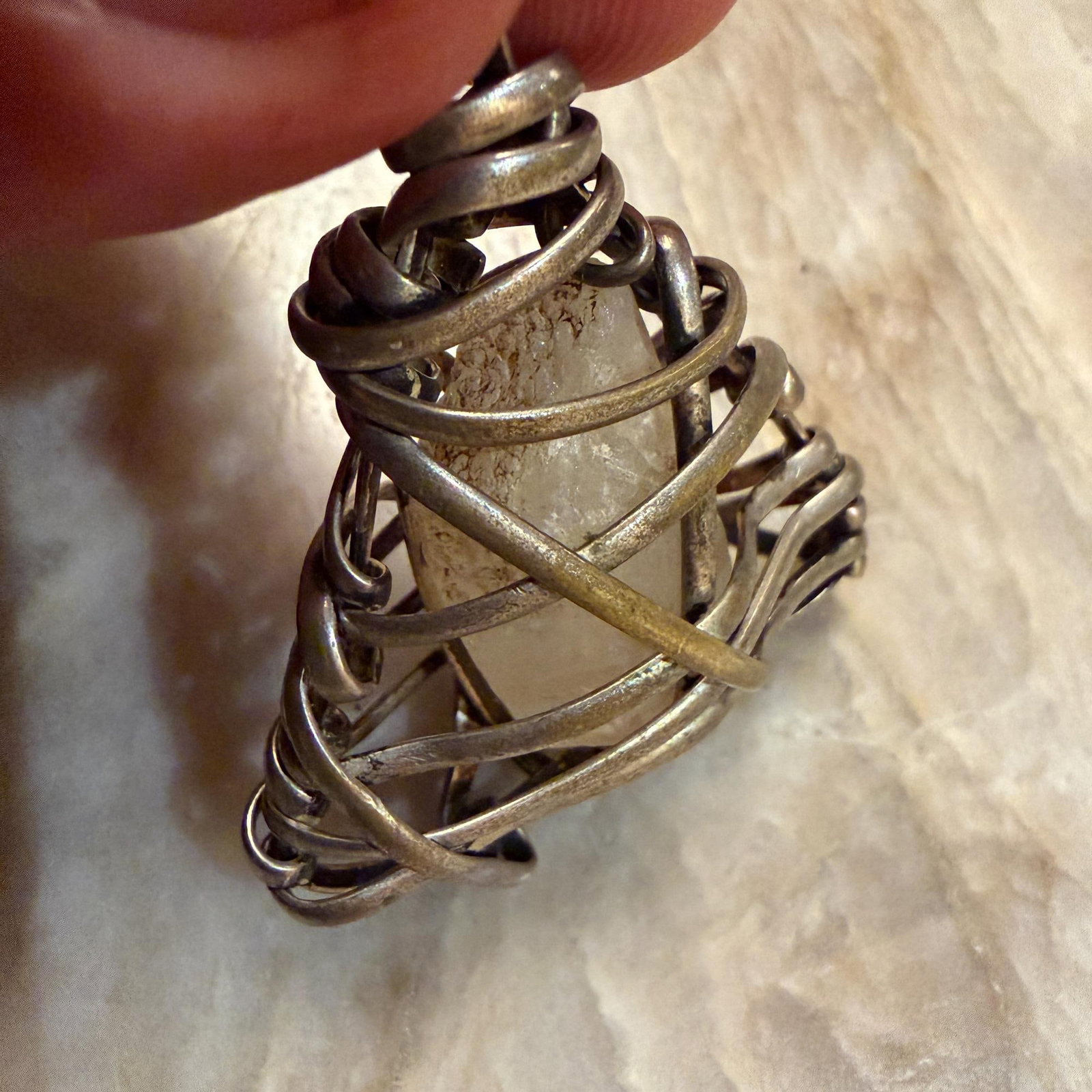 Wire-Wrapped Pendant Featuring a Raw Gemstone Quartz Silver-Plated - 14