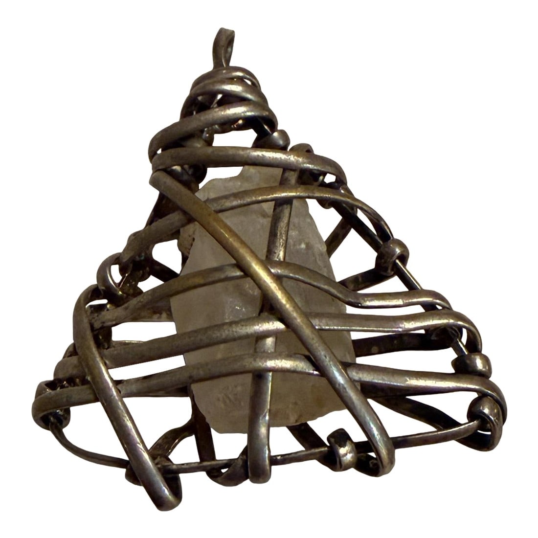Wire-Wrapped Pendant Featuring a Raw Gemstone Quartz Silver-Plated: For your consideration, a wire-wrapped pendant featuring a raw gemstone, specifically resembling a clear or rutilated quartz. The distinctive "cage" style around the stone is created using oxidized st