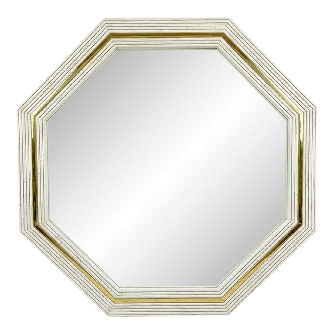 1980's Palm Beach Regency Monumental Faux Bamboo & Brass Inlay Hexagonal Wall Mirror "” In the: This stunning octagonal wall mirror is a masterclass in texture and classic Regency geometry. While the architectural faux bamboo frame and polished brass inlay are distinctly in the style of 1980s
