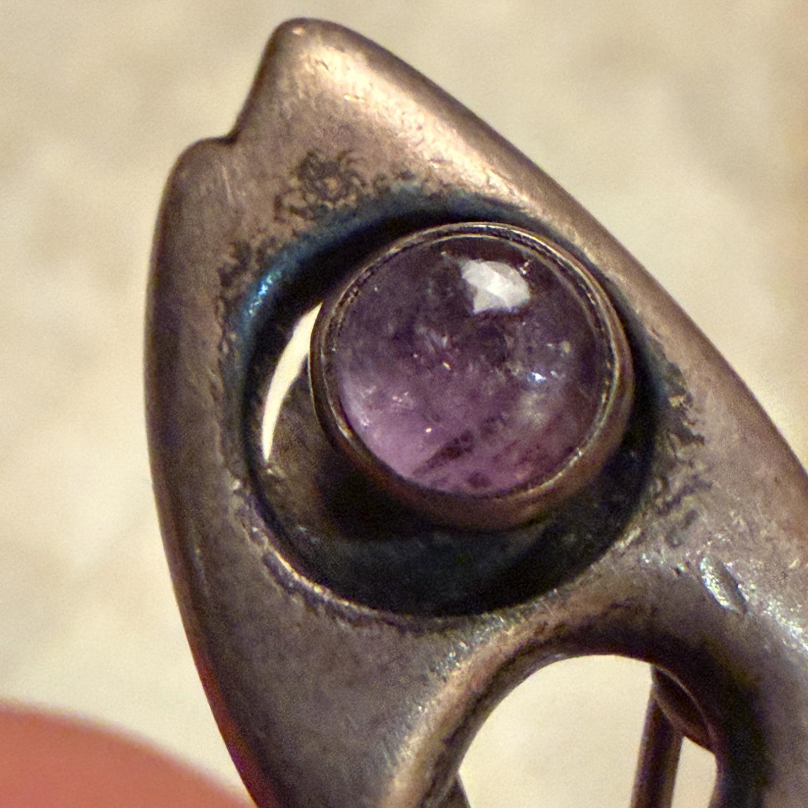 Taxco Sterling Silver Abstract Fish Pin Amethyst Stone Eye Sigi Pineda - 17