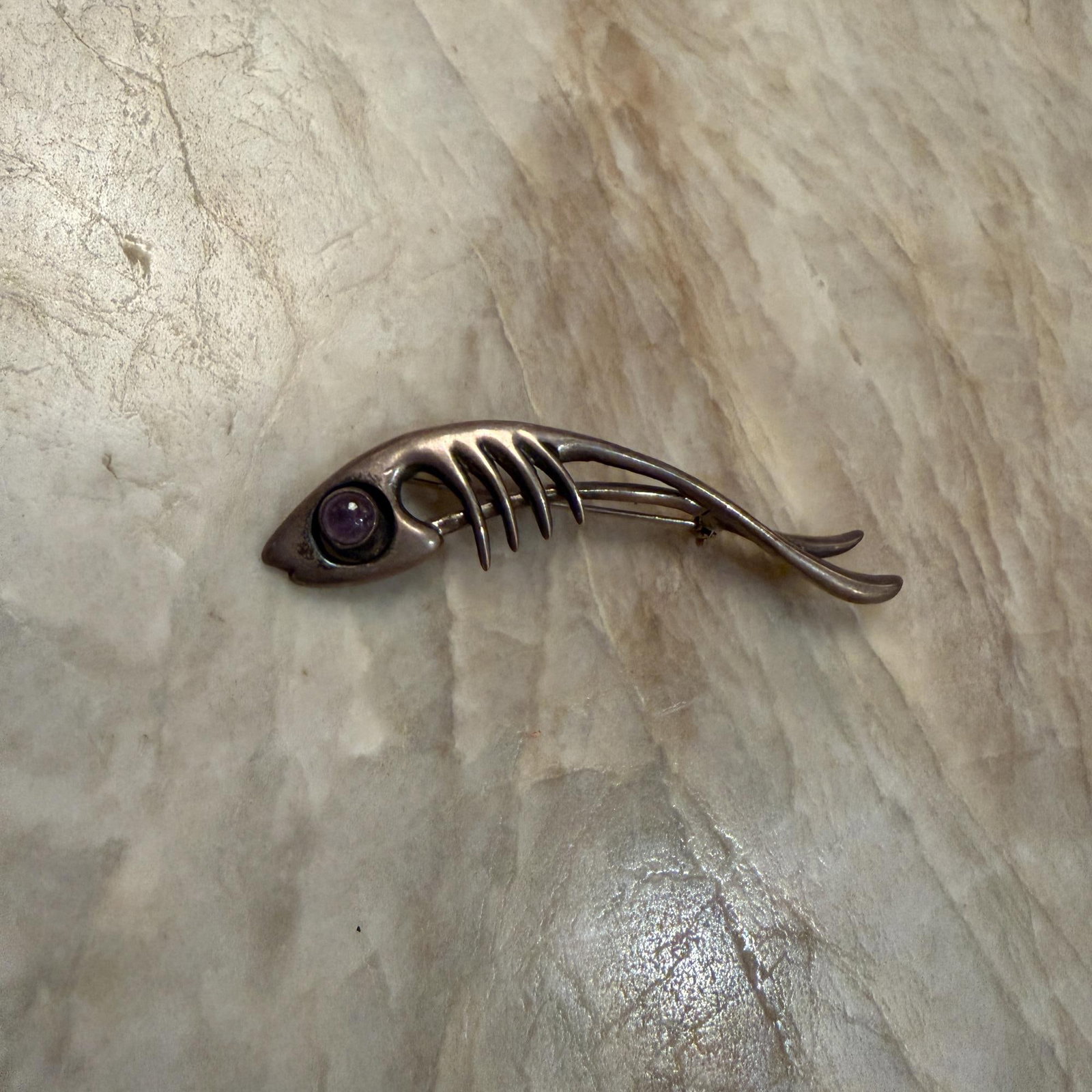 Taxco Sterling Silver Abstract Fish Pin Amethyst Stone Eye Sigi Pineda - 2