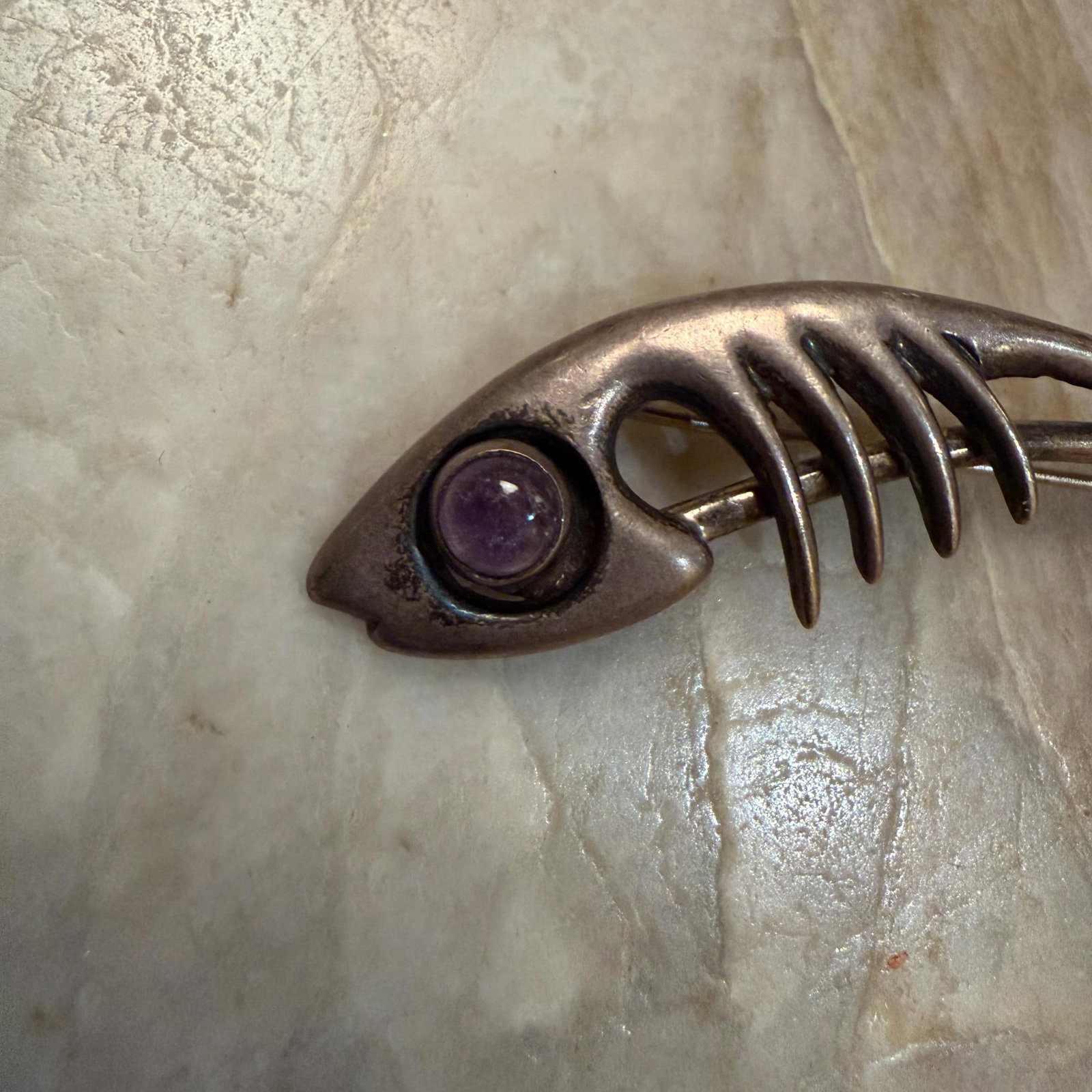 Taxco Sterling Silver Abstract Fish Pin Amethyst Stone Eye Sigi Pineda - 3