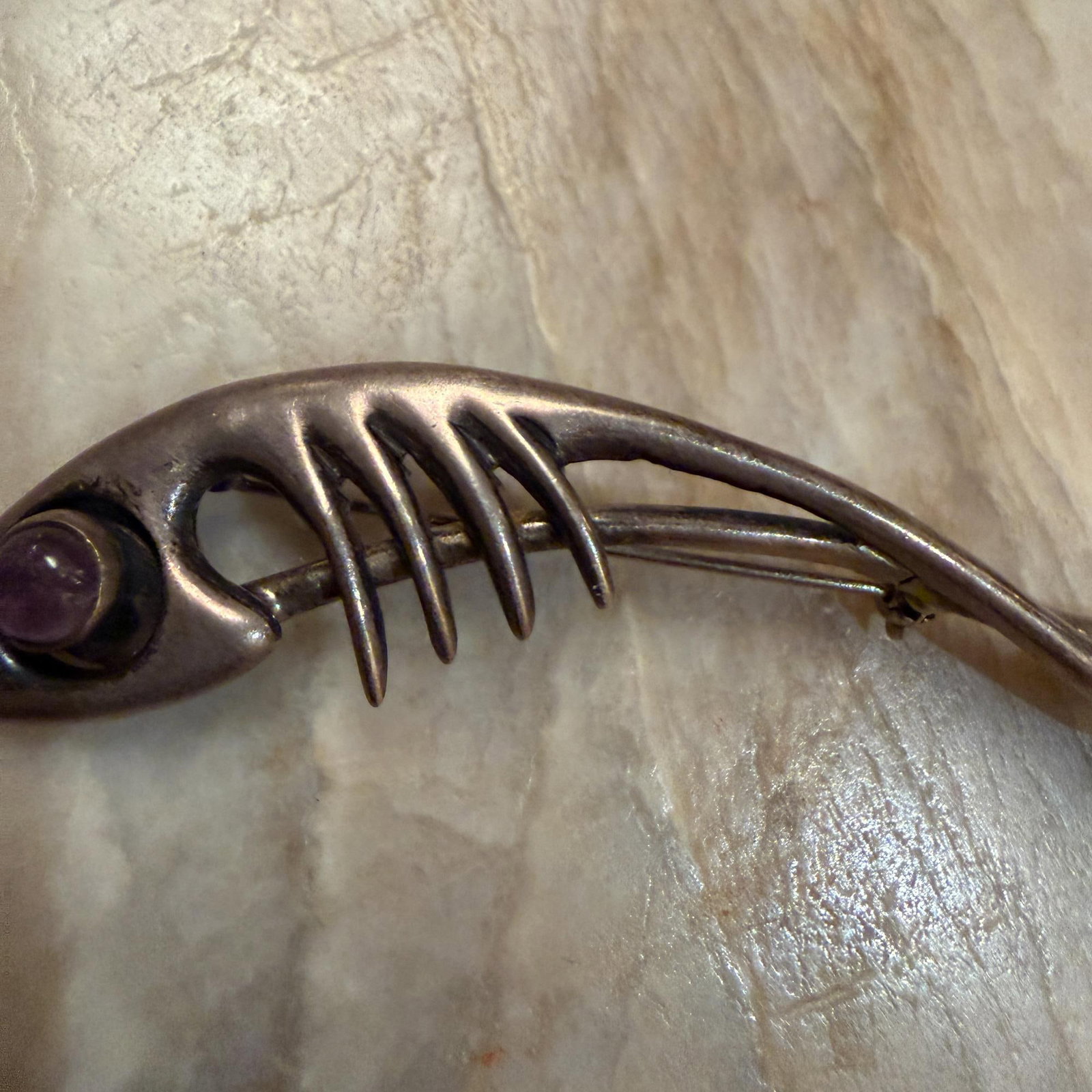 Taxco Sterling Silver Abstract Fish Pin Amethyst Stone Eye Sigi Pineda - 4