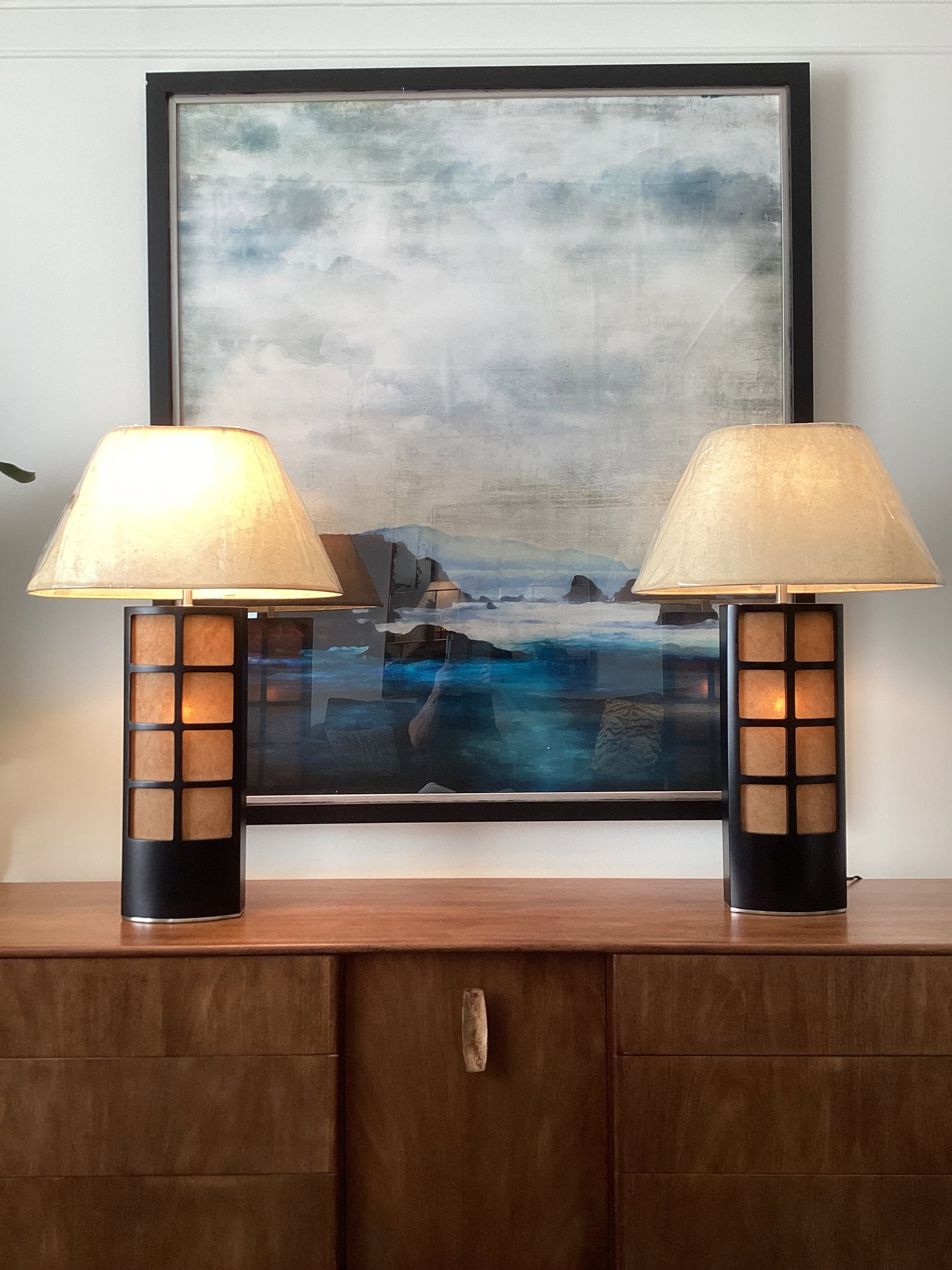 Late 20th Century Asian-Inspired Espresso-Stained Wood & Parchment Grid Table Lamps With New Shades - 2