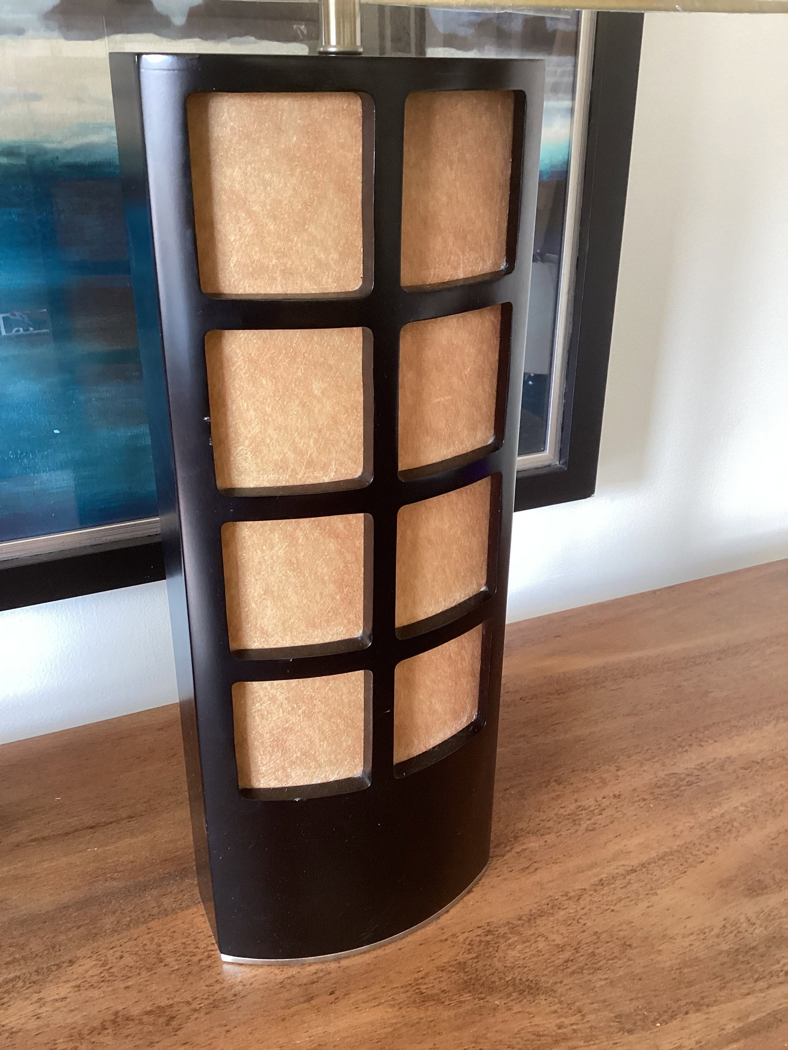 Late 20th Century Asian-Inspired Espresso-Stained Wood & Parchment Grid Table Lamps With New Shades - 4