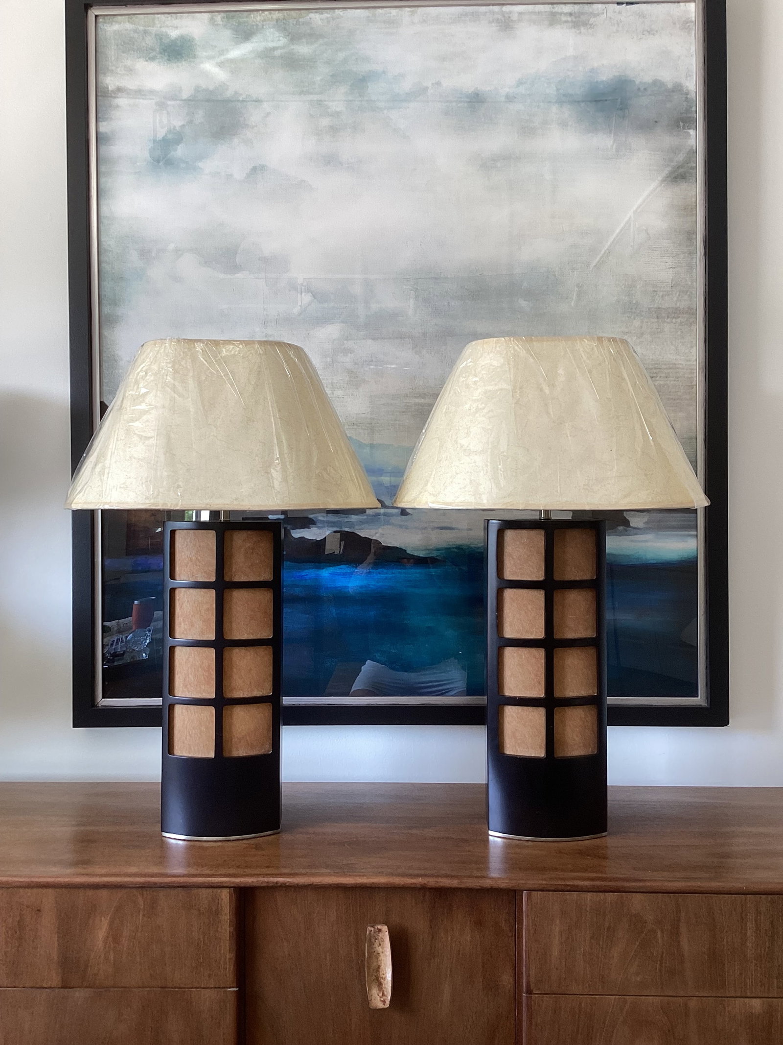 Late 20th Century Asian-Inspired Espresso-Stained Wood & Parchment Grid Table Lamps With New Shades - 5