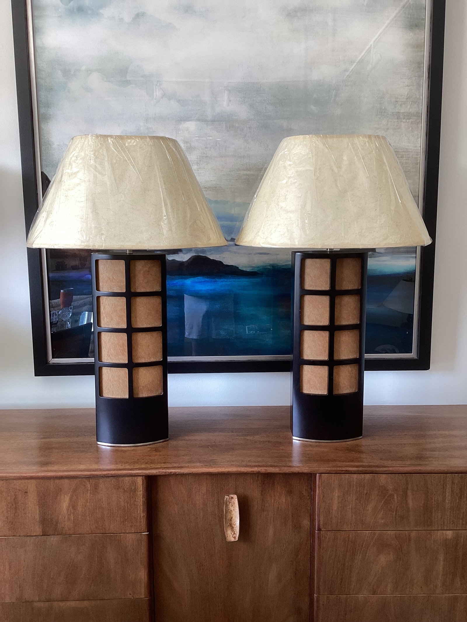Late 20th Century Asian-Inspired Espresso-Stained Wood & Parchment Grid Table Lamps With New Shades - 6