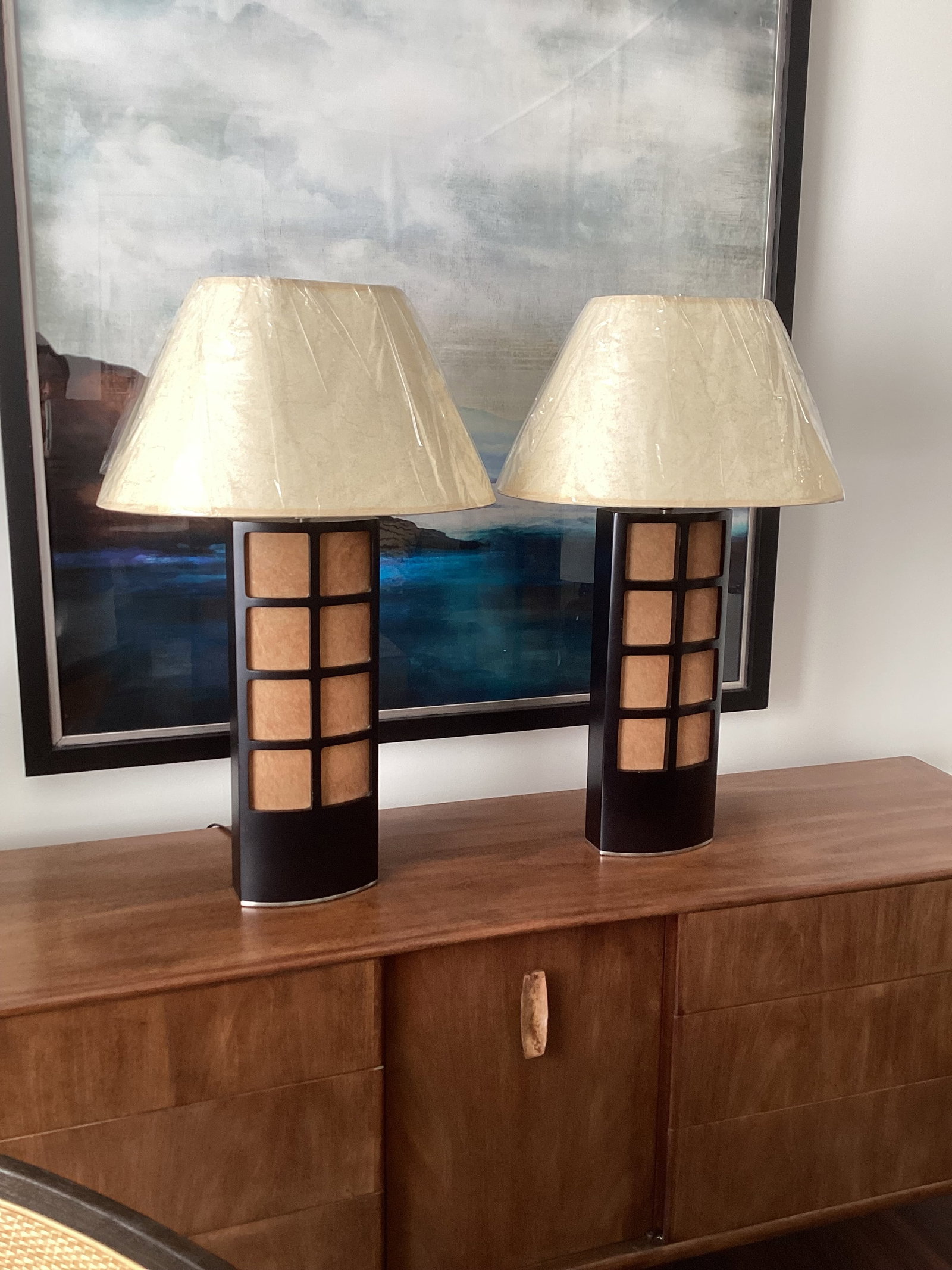 Late 20th Century Asian-Inspired Espresso-Stained Wood & Parchment Grid Table Lamps With New Shades - 7