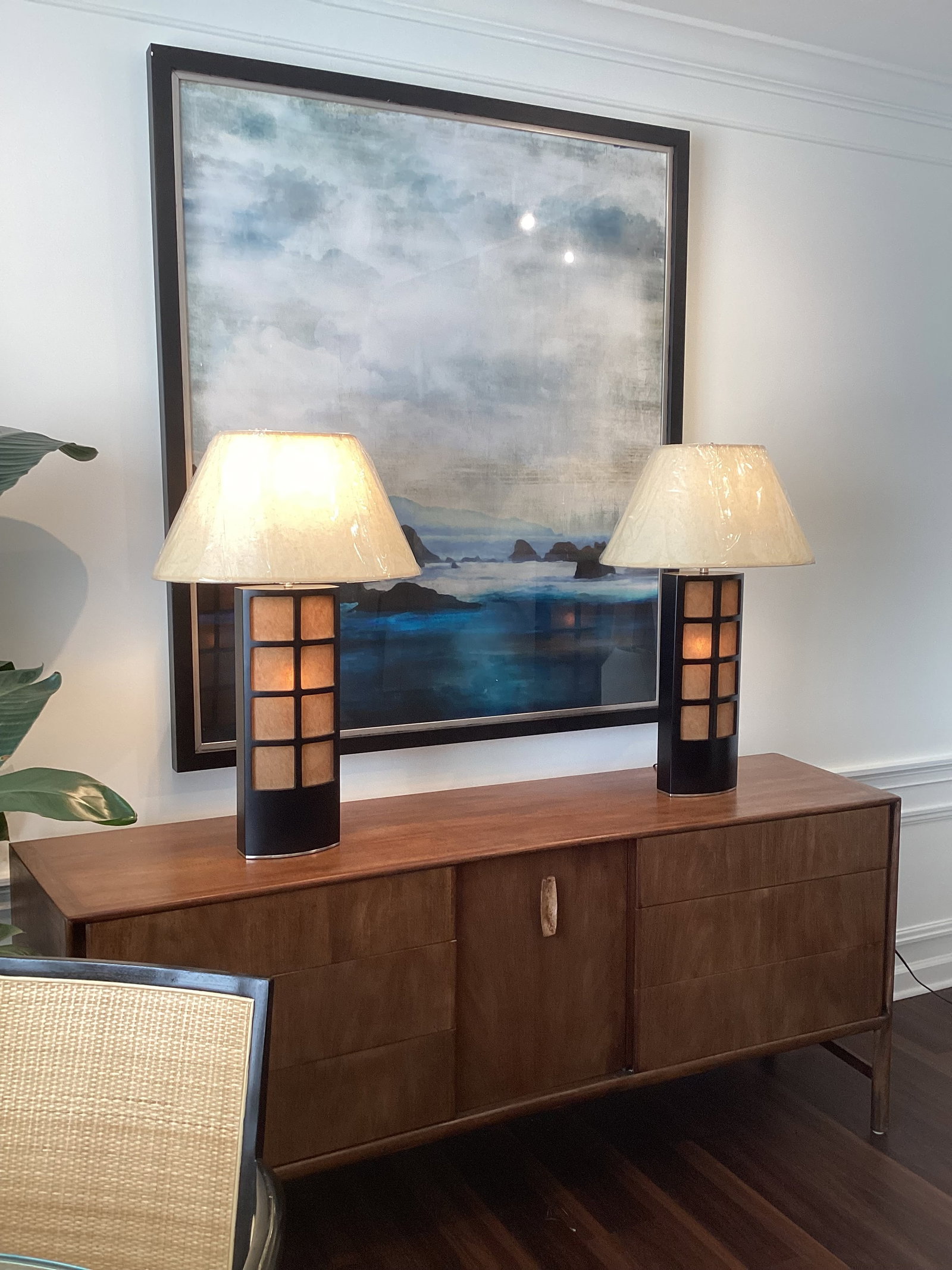 Late 20th Century Asian-Inspired Espresso-Stained Wood & Parchment Grid Table Lamps With New Shades - 8
