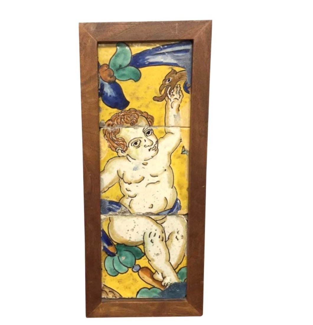 18th Century Italian Majolica Faience Pottery Putto Framed Tiles - 10