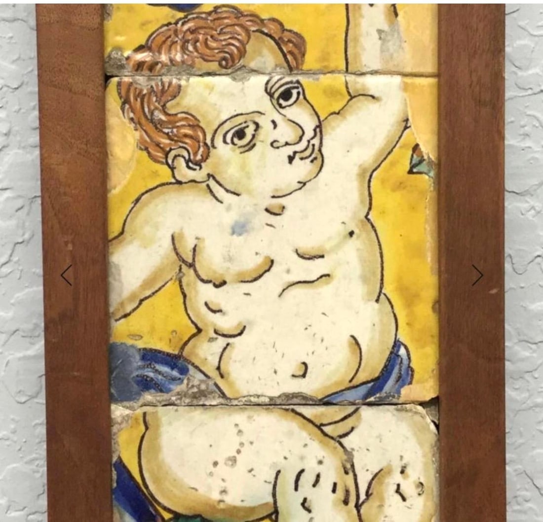 18th Century Italian Majolica Faience Pottery Putto Framed Tiles - 2