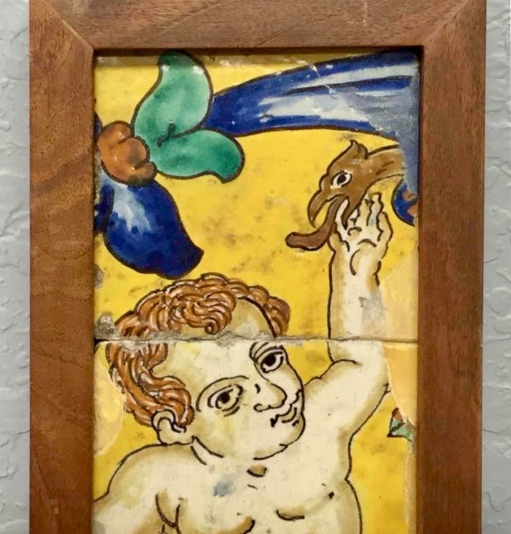 18th Century Italian Majolica Faience Pottery Putto Framed Tiles - 4