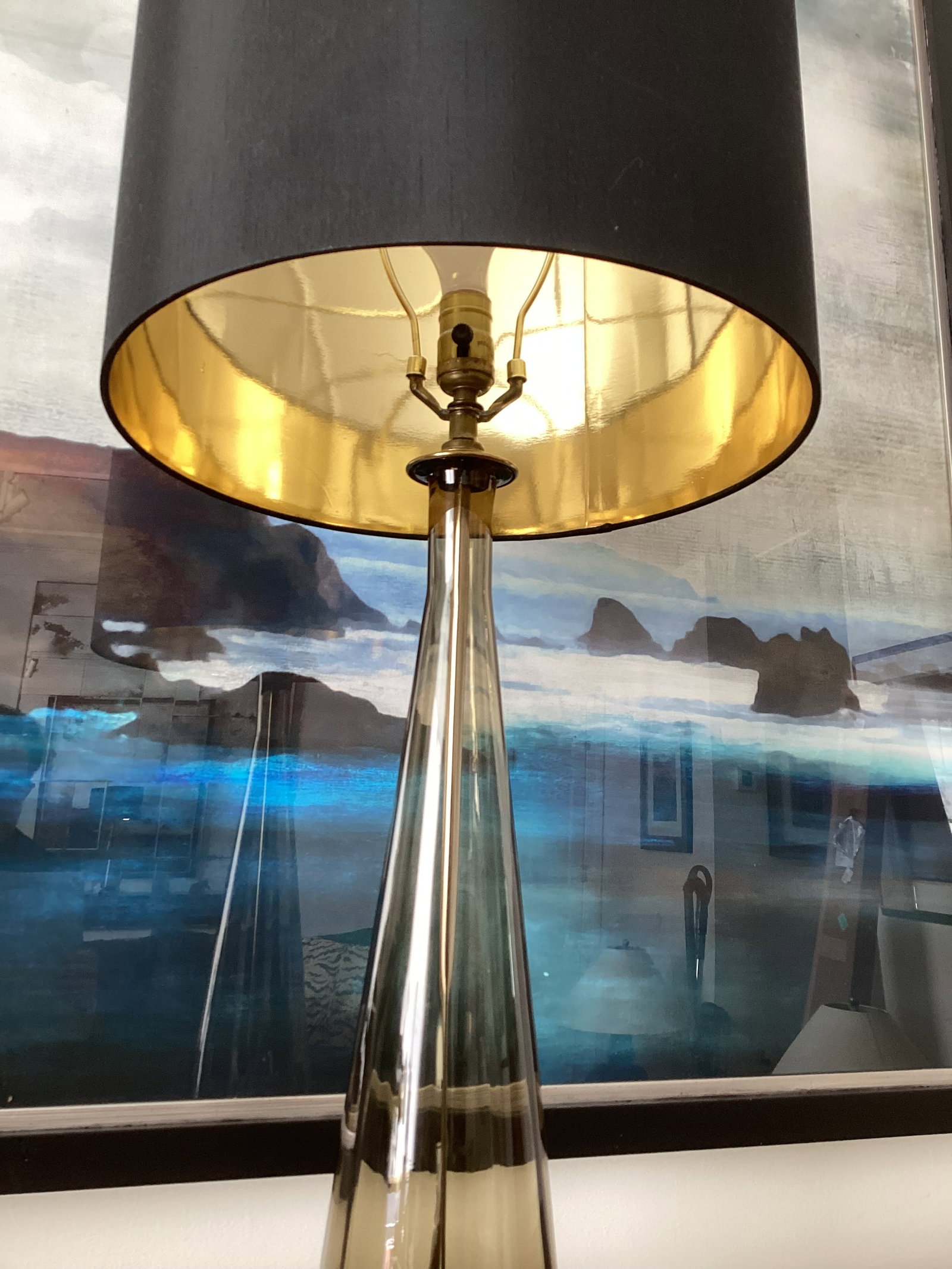 1950s Tall Smoky Amber Glass Table Lamp With Brass Base & Black Shade – Newly Rewired - 2