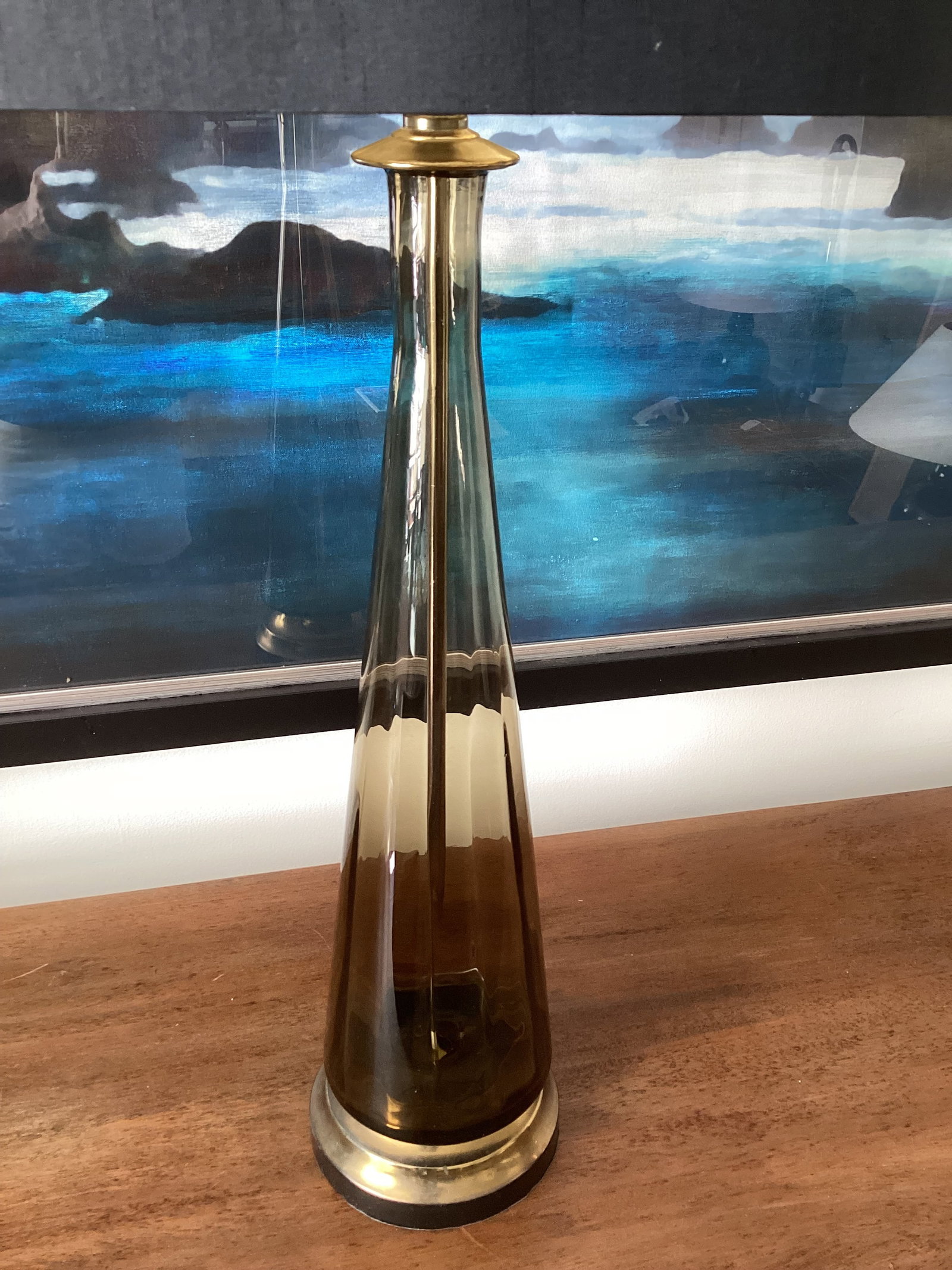1950s Tall Smoky Amber Glass Table Lamp With Brass Base & Black Shade – Newly Rewired - 3