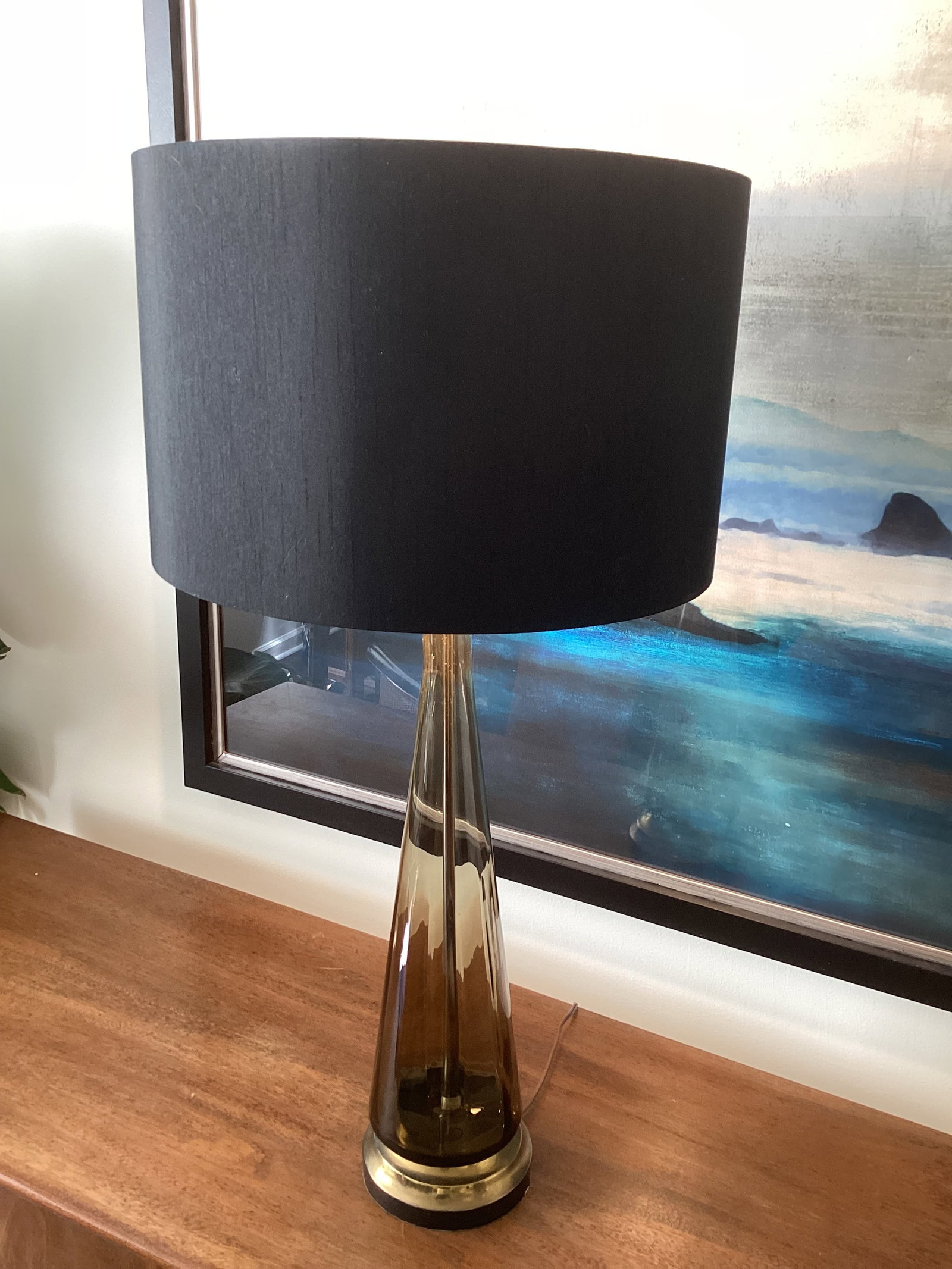 1950s Tall Smoky Amber Glass Table Lamp With Brass Base & Black Shade – Newly Rewired - 4