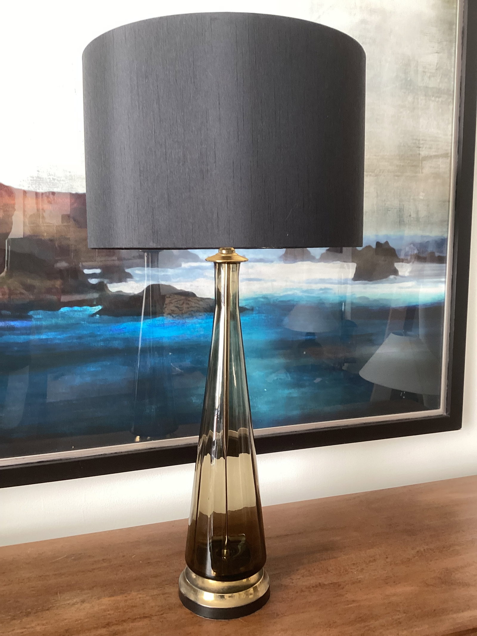 1950s Tall Smoky Amber Glass Table Lamp With Brass Base & Black Shade – Newly Rewired - 5