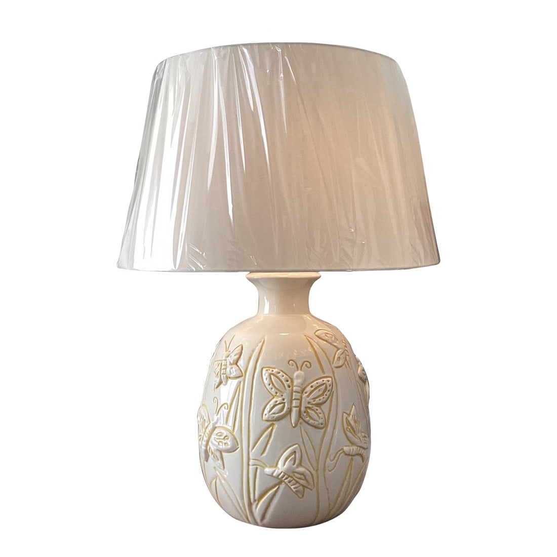 Large Vintage Ivory Ceramic Butterfly Relief Table Lamp – Rewired With New Shade: Overscale vintage ceramic table lamp featuring a beautifully sculpted, rounded form with raised butterfly and botanical relief detailing. Finished in a soft ivory glaze with warm golden accents that h