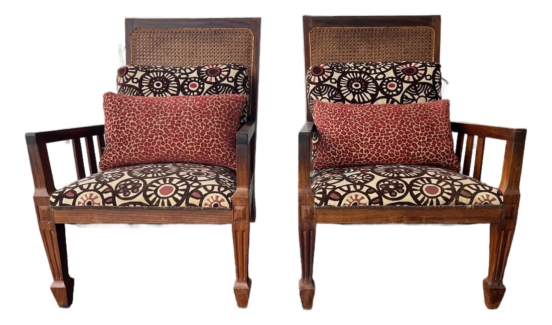 Vintage Mid Century Wood & Cane Back Chairs With Pillows - 6: British Colonial Cane back Chairs with a Mission style. These chairs have a reupholstered seats with 2 pillows. The modern, eclectic upholstery features bold geometric patterns and animal-print