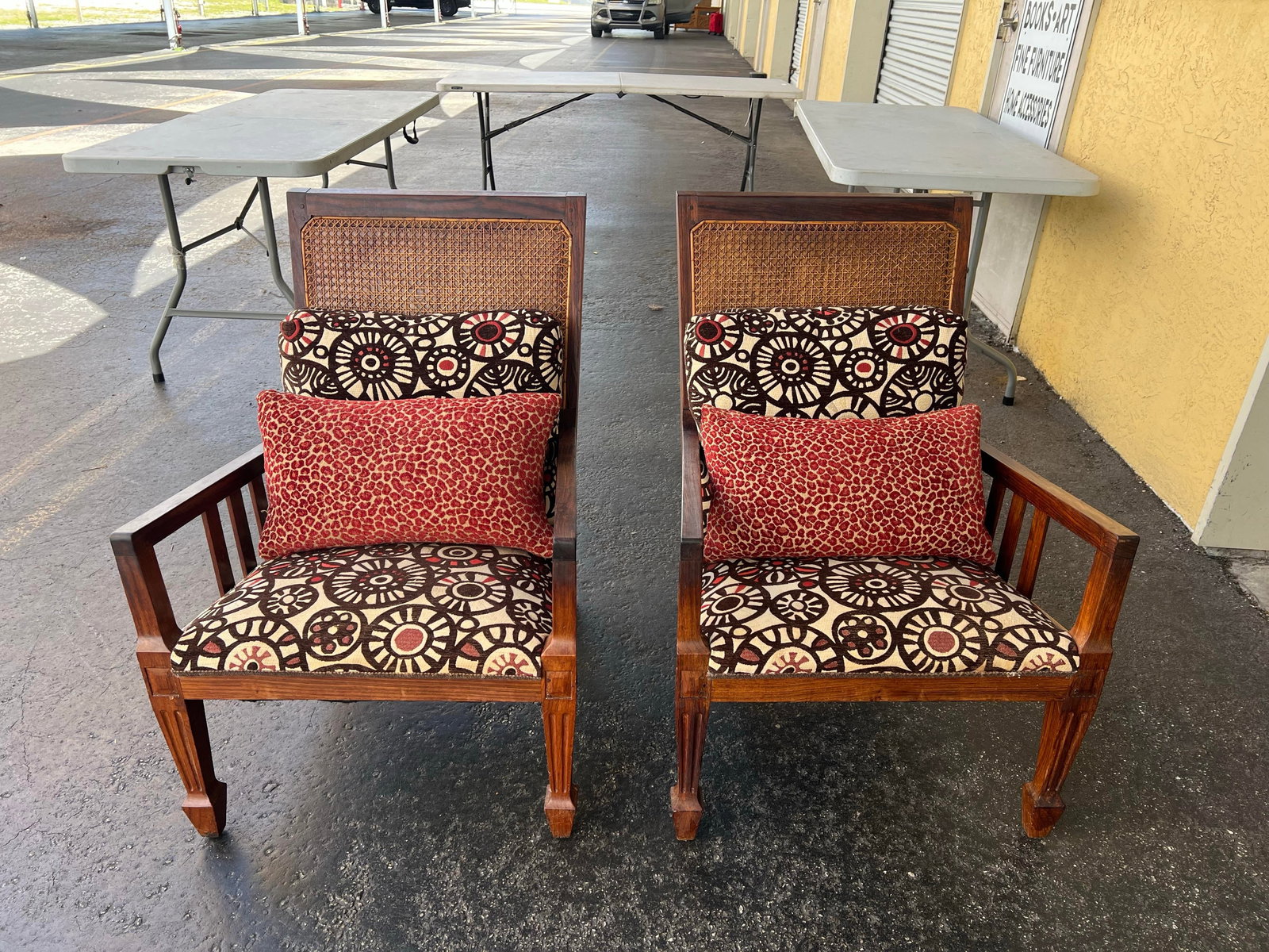 Vintage Mid Century Wood & Cane Back Chairs With Pillows - 6 - 4