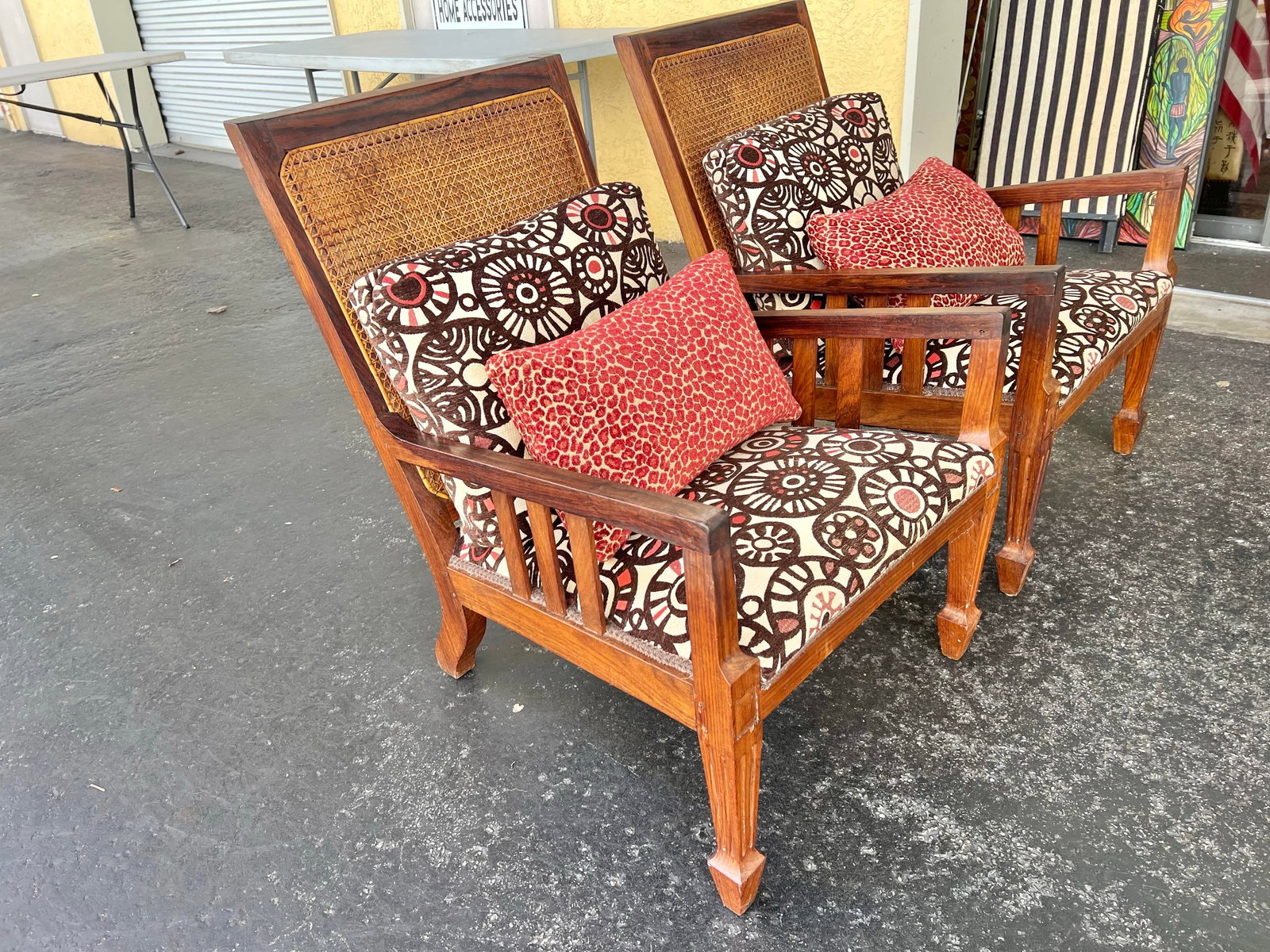 Vintage Mid Century Wood & Cane Back Chairs With Pillows - 6 - 5